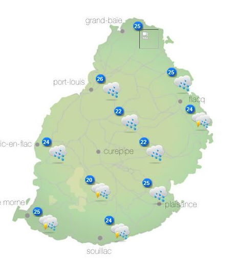 Avertissement de fortes pluies pour Maurice émis à 19h00 ce Dimanche 26 Decembre 2021 valable jusqu'à 07h00 Lundi 27 Decembre 2021.   Des conditions atmosphériques instables favorisent la formation de nuages actifs sur notre région.  Des fortes averses s’abattent actuellement dans certaines régions de l’ile, notamment certaines régions de l’Ouest, du Nord et le Plateau Central. Ces fortes averses localisées et parfois accompagnées d’orages, persisteront durant la nuit et pourraient occasionner des accumulations d’eau dans les endroits de basse altitude.  Conseil pratiques :   1. Eviter les endroits sujets à des accumulations d’eau. 2. Etre très prudents lors de vos déplacements, prenant en compte que la visibilité pourrait être considérablement réduite due à la présence des poches de brouillard. 3.Durant les orages, le public est conseillé de rester à l'abri, d'éviter les plaines et les sorties en mer et de ne pas s'abriter sous les arbres.