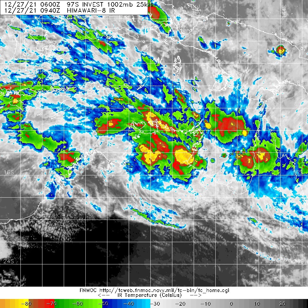 THE AREA OF CONVECTION (INVEST 97S) PREVIOUSLY LOCATED  NEAR 14.6S 131.2E IS NOW LOCATED NEAR 13.9S 132.5E, APPROXIMATELY  240 KM SOUTHEAST OF DARWIN. ANIMATED MULTISPECTRAL SATELLITE IMAGERY  AND A 270438Z AMSR2 89GHZ COMPOSITE MICROWAVE IMAGE DEPICT A BROAD  LOW-LEVEL CIRCULATION CENTER (LLCC) WITH FORMATIVE CONVECTIVE  BANDING OVER THE NORTHERN AND SOUTHERN SEMICIRCLES. ANIMATED RADAR  IMAGERY FROM THE WARRUWI RADAR INDICATES MULTIPLE CONVECTIVE BANDS  OVER THE NORTHERN SEMICIRCLE WRAPPING INTO THE LLCC. THESE BANDS ARE  ASSOCIATED WITH VIGOROUS, CONVERGENT WESTERLY TO WEST-NORTHWESTERLY  FLOW AT 20 TO 25 KNOTS. SURFACE OBSERVATIONS FROM TINDAL (14.52S  132.38E), NEAR THE CENTER, REVEAL SOUTHEASTERLY GUSTS OF 20-25 KNOTS  WITH SLP NEAR 999MB. UPPER-LEVEL CONDITIONS ARE FAVORABLE WITH  ROBUST POLEWARD OUTFLOW AND LOW TO MODERATE VERTICAL WIND SHEAR.  FRICTIONAL EFFECTS OVER LAND ARE THE PRIMARY HINDRANCE, HOWEVER, THE  SYSTEM IS EXPECTED TO TRACK EASTWARD OVER THE GULF OF CARPENTARIA  WITHIN THE NEXT 24 TO 36 HOURS WITH POTENTIAL FOR DEVELOPMENT OF A  TROPICAL CYCLONE POSSIBLE BEFORE THE SYSTEM TRACKS OVER THE CAPE  YORK PENINSULA NEAR TAU 48 (29/06Z). REINTENSIFICATION IS LIKELY  AGAIN AFTER TAU 72 WHEN INVEST 97S TRACKS OVER THE CORAL SEA WITH  UPPER-LEVEL SUBTROPICAL WESTERLIES AIDING IN THE GRADUAL  STRENGTHENING TREND. MAXIMUM SUSTAINED SURFACE WINDS ARE ESTIMATED  AT 20 TO 25 KNOTS. MINIMUM SEA LEVEL PRESSURE IS ESTIMATED TO BE  NEAR 999 MB. THE POTENTIAL FOR THE DEVELOPMENT OF A SIGNIFICANT  TROPICAL CYCLONE WITHIN THE NEXT 24 HOURS IS UPGRADED TO MEDIUM.