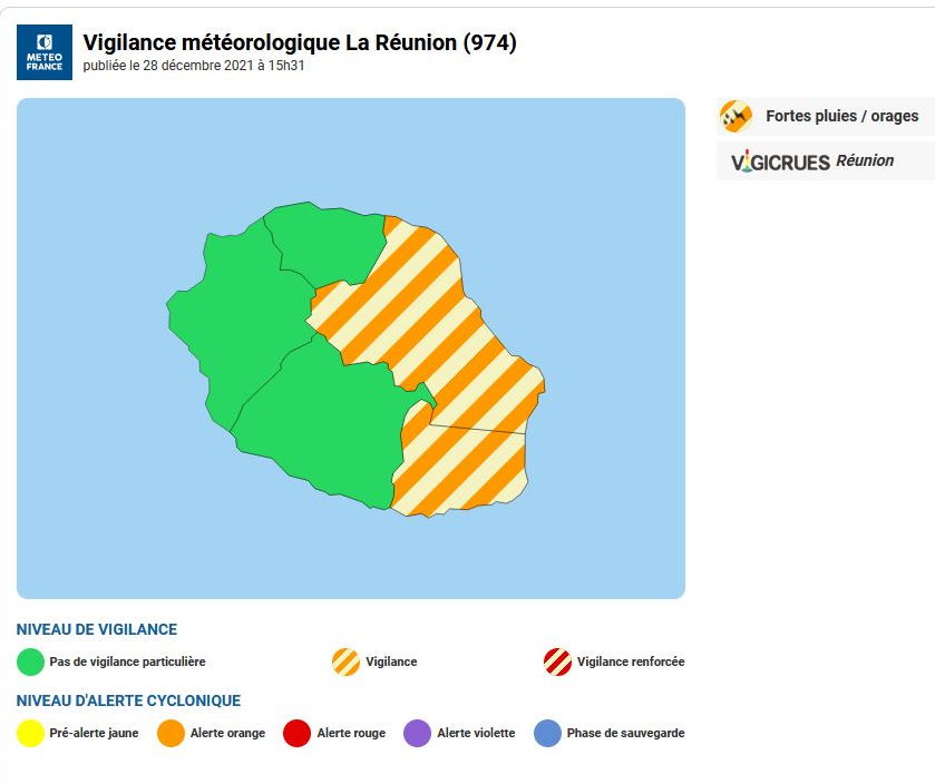 Publié le 28 décembre 2021 à 15h45      Fortes pluies/orages      N°24      Valable à compter du mardi 28 décembre 2021 à 20 heures locales.      Repris dans un rapide flux d'alizé, les résidus d'un front froid provoquent de fortes averses sur le massif du volcan et les hauts de l'Est la nuit prochaine. Ces précipitations pourront prendre localement un caractère orageux. Sur les régions Est et Sud-Est les cumuls de pluies pourraient approcher les seuils. Cet épisode pluvio-instable risque de perdurer en journée de mercredi.      En cette période de vacances scolaires et avec une activité volcanique en cours, la plus garnde prudence est de mise sur ces régions.      Ce bulletin sera réactualisé au plus tard le mercredi 29 décembre 2021 vers 7 heures locales.     Vents forts      Pas de vigilance particulière.     Vagues-submersion      Pas de vigilance particulière. Publié le 28 décembre 2021 à 15h45      Fortes pluies/orages      N°24      Valable à compter du mardi 28 décembre 2021 à 20 heures locales.      Repris dans un rapide flux d'alizé, les résidus d'un front froid provoquent de fortes averses sur le massif du volcan et les hauts de l'Est la nuit prochaine. Ces précipitations pourront prendre localement un caractère orageux. Sur les régions Est et Sud-Est les cumuls de pluies pourraient approcher les seuils. Cet épisode pluvio-instable risque de perdurer en journée de mercredi.      En cette période de vacances scolaires et avec une activité volcanique en cours, la plus garnde prudence est de mise sur ces régions.      Ce bulletin sera réactualisé au plus tard le mercredi 29 décembre 2021 vers 7 heures locales.     Vents forts      Pas de vigilance particulière.     Vagues-submersion      Pas de vigilance particulière.