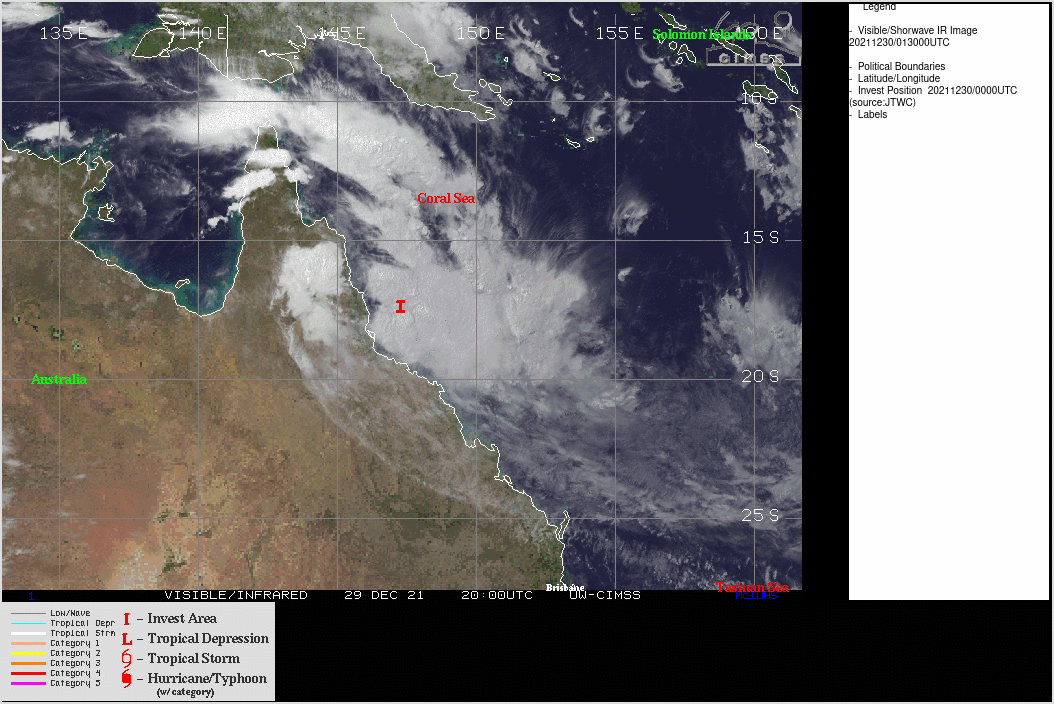 THE AREA OF CONVECTION (INVEST 97S) PREVIOUSLY LOCATED  NEAR 16.6S 142.6E IS NOW LOCATED NEAR 17.2S 147.3E, APPROXIMATELY  170KM EAST-SOUTHEAST OF CAIRNS, AUSTRALIA. ANIMATED MULTISPECTRAL  SATELLITE IMAGERY AND ANIMATED RADAR IMAGERY FROM THE CAIRNS RADAR  DEPICT A CONSOLIDATING SYSTEM WITH IMPROVED CONVECTIVE BANDING  WRAPPING INTO A BROAD LOW-LEVEL CIRCULATION CENTER (LLCC). A 292044Z  SSMIS 37GHZ MICROWAVE IMAGE INDICATES DISORGANIZED LOW-LEVEL BANDING  WITH A WEAKLY-DEFINED LLCC. A RECENT SCATTEROMETER IMAGE REVEALS AN  ELONGATED CIRCULATION WITH 25 TO 30 KNOT WINDS. THIS SYSTEM IS A  HYBRID SYSTEM WITH BOTH SUBTROPICAL AND TROPICAL CHARACTERISTICS,  AND IS LOCATED JUST NORTH OF A SUBTROPICAL JET. UPPER-LEVEL FEATURE  TRACK WINDS INDICATE A DEVELOPING ANTICYCLONE OVER THE SYSTEM WITH  IMPROVED EQUATORWARD AND POLEWARD OUTFLOW. ADDITIONALLY, VERTICAL  WIND SHEAR (VWS) HAS DECREASED FROM MODERATE TO LOW (10-15 KNOTS)  OVER THE PAST 12 HOURS. SEA SURFACE TEMPERATURES ARE CONDUCIVE AT 30- 31C. ENVIRONMENTAL CONDITIONS ARE EXPECTED TO REMAIN MARGINALLY- FAVORABLE FOR ABOUT 24 TO 36 HOURS AS THE SYSTEM TRACKS EAST- SOUTHEASTWARD, WHICH MAY ALLOW FOR FURTHER CONSOLIDATION. AFTER THIS  SHORT WINDOW, THE SYSTEM WILL TRACK SOUTHEASTWARD UNDER INCREASING  VWS (30-40 KNOTS) WITH SLIGHTLY COOLER SST VALUES, AND IS FORECASTED  TO TRANSITION TO A SUBTROPICAL GALE-FORCE LOW AFTER 48H. MAXIMUM  SUSTAINED SURFACE WINDS ARE ESTIMATED AT 25 TO 30 KNOTS. MINIMUM SEA  LEVEL PRESSURE IS ESTIMATED TO BE NEAR 1000 MB. THE POTENTIAL FOR  THE DEVELOPMENT OF A SIGNIFICANT TROPICAL CYCLONE WITHIN THE NEXT 24  HOURS IS UPGRADED TO HIGH. THE AREA OF CONVECTION (INVEST 97S) PREVIOUSLY LOCATED  NEAR 16.6S 142.6E IS NOW LOCATED NEAR 17.2S 147.3E, APPROXIMATELY  170KM EAST-SOUTHEAST OF CAIRNS, AUSTRALIA. ANIMATED MULTISPECTRAL  SATELLITE IMAGERY AND ANIMATED RADAR IMAGERY FROM THE CAIRNS RADAR  DEPICT A CONSOLIDATING SYSTEM WITH IMPROVED CONVECTIVE BANDING  WRAPPING INTO A BROAD LOW-LEVEL CIRCULATION CENTER (LLCC). A 292044Z  SSMIS 37GHZ MICROWAVE IMAGE INDICATES DISORGANIZED LOW-LEVEL BANDING  WITH A WEAKLY-DEFINED LLCC. A RECENT SCATTEROMETER IMAGE REVEALS AN  ELONGATED CIRCULATION WITH 25 TO 30 KNOT WINDS. THIS SYSTEM IS A  HYBRID SYSTEM WITH BOTH SUBTROPICAL AND TROPICAL CHARACTERISTICS,  AND IS LOCATED JUST NORTH OF A SUBTROPICAL JET. UPPER-LEVEL FEATURE  TRACK WINDS INDICATE A DEVELOPING ANTICYCLONE OVER THE SYSTEM WITH  IMPROVED EQUATORWARD AND POLEWARD OUTFLOW. ADDITIONALLY, VERTICAL  WIND SHEAR (VWS) HAS DECREASED FROM MODERATE TO LOW (10-15 KNOTS)  OVER THE PAST 12 HOURS. SEA SURFACE TEMPERATURES ARE CONDUCIVE AT 30- 31C. ENVIRONMENTAL CONDITIONS ARE EXPECTED TO REMAIN MARGINALLY- FAVORABLE FOR ABOUT 24 TO 36 HOURS AS THE SYSTEM TRACKS EAST- SOUTHEASTWARD, WHICH MAY ALLOW FOR FURTHER CONSOLIDATION. AFTER THIS  SHORT WINDOW, THE SYSTEM WILL TRACK SOUTHEASTWARD UNDER INCREASING  VWS (30-40 KNOTS) WITH SLIGHTLY COOLER SST VALUES, AND IS FORECASTED  TO TRANSITION TO A SUBTROPICAL GALE-FORCE LOW AFTER 48H. MAXIMUM  SUSTAINED SURFACE WINDS ARE ESTIMATED AT 25 TO 30 KNOTS. MINIMUM SEA  LEVEL PRESSURE IS ESTIMATED TO BE NEAR 1000 MB. THE POTENTIAL FOR  THE DEVELOPMENT OF A SIGNIFICANT TROPICAL CYCLONE WITHIN THE NEXT 24  HOURS IS UPGRADED TO HIGH.