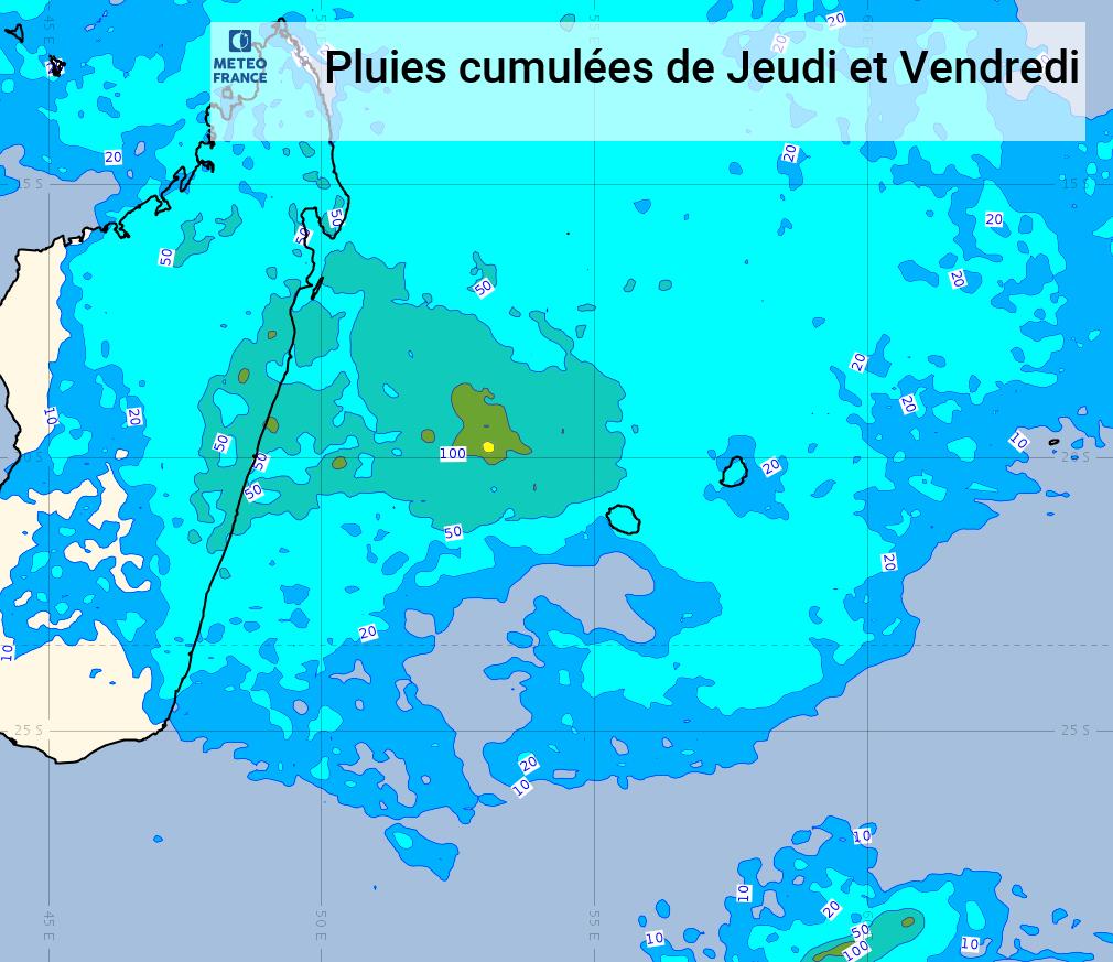 Situation générale le MERCREDI 05  Dégradation du temps.  NUIT DU MERCREDI 05 au JEUDI 06  Le temps s'améliore et c'est un ciel voilé par des nuages d'altitude qui s'installe pour la nuit. En cours de nuit, des nuages porteurs d'averses viennent s'échouer sur le littoral Est. Le vent est faible. La mer demeure peu agitée.  JEUDI 06  Dégradation du temps. La matinée s'annonce clémente sur le département avec des entrées maritimes présentes sur la façade Est. Ces dernières occasionnent quelques averses avant de se dissiper. Poussé par un vent d'Ouest en altitude, de nombreux nuages d'étages moyens et élevés viennent, au fil des heures, recouvrir la Réunion. A partir de la mi-journée et durant l'après midi, des averses, localement modérées, se déclenchent sur la plupart des hauts. Elles peuvent être fortes et prendre un caractère orageux du côté du Volcan ou du Tampon. Les régions littorales, après une matinée relativement épargnée, subissent l'arrivée des averses au fur et à mesure de l'après midi. En fin de journée, une ligne pluvio-instable arrivant par l'Ouest et le Nord-Ouest de l'île donnent de fortes averses sur les régions de l'Ouest puis traversent le département au fil des heures. Des coups de tonnerre noyés dans la masse se font entendre ici ou là. Le vent prend une composante de secteur Nord avec des rafales de 50 km/h sur la Pointe des trois Bassins. Il est plus faible ailleurs. Attention aux rafales sous les orages. La mer est peu agitée à localement agitée. Une petite houle de Sud-Ouest déferle le long des côtes Ouest et Sud.