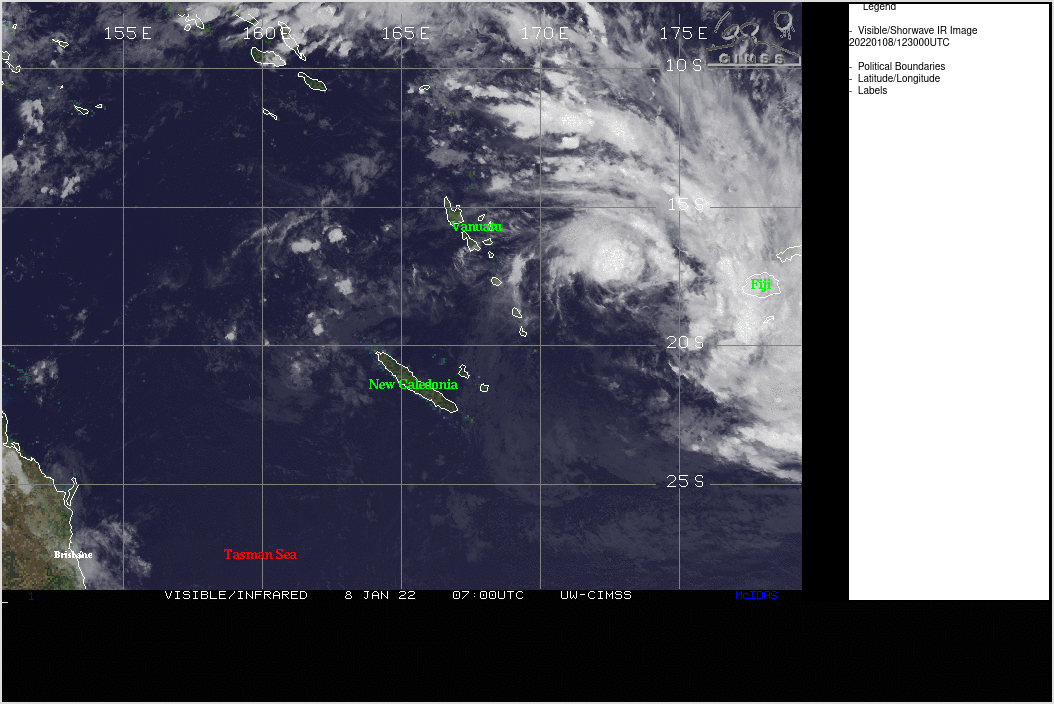 THE AREA OF CONVECTION (INVEST 99P) PREVIOUSLY LOCATED  NEAR 18.4S 173.0E IS NOW LOCATED NEAR 18.6S 173.3E, APPROXIMATELY  515 KM WEST-SOUTHWEST OF NADI, FIJI. ANIMATED MULTISPECTRAL  SATELLITE IMAGERY (MSI) AND A 080716Z AMSR2 91GHZ MICROWAVE IMAGE  SHOW CONCENTRATED CONVECTION DISPLACED TO THE NORTHWEST OF A WELL- DEFINED LOW LEVEL CIRCULATION CENTER (LLCC) WITH WEAK CONVECTIVE  BANDS ORIENTED IN A NORTH-SOUTH ARC ON THE EASTERN PERIPHERY. A  08948Z ASCAT BULLSEYE FURTHER REVEALS A LARGE SWATH OF 30-35 KNOT  WINDS MIRRORING THE CONVECTIVE BANDS ON THE EASTERN EDGE OF THE LLCC  WITH 20 KTS WRAPPING INTO THE LLCC IN THE REMAINING QUADRANTS.  ENVIRONMENTAL ANALYSIS INDICATES FAVORABLE CONDITIONS FOR TROPICAL  CYCLONE DEVELOPMENT WITH MODERATE RADIAL OUTFLOW ALOFT, MODERATE (15- 20KTS) VERTICAL WIND SHEAR (VWS), AND WARM (29C) SEA SURFACE  TEMPERATURES (SST). GLOBAL MODELS AGREE THAT 99P WILL CONTINUE TO  STRENGTHEN AS IT TRACKS GENERALLY SOUTH-SOUTHEAST. MAXIMUM SUSTAINED  SURFACE WINDS ARE ESTIMATED AT 25 TO 30 KNOTS. MINIMUM SEA LEVEL  PRESSURE IS ESTIMATED TO BE NEAR 1000 MB. THE POTENTIAL FOR THE  DEVELOPMENT OF A SIGNIFICANT TROPICAL CYCLONE WITHIN THE NEXT 24  HOURS IS UPGRADED TO HIGH. THE AREA OF CONVECTION (INVEST 99P) PREVIOUSLY LOCATED  NEAR 18.4S 173.0E IS NOW LOCATED NEAR 18.6S 173.3E, APPROXIMATELY  515 KM WEST-SOUTHWEST OF NADI, FIJI. ANIMATED MULTISPECTRAL  SATELLITE IMAGERY (MSI) AND A 080716Z AMSR2 91GHZ MICROWAVE IMAGE  SHOW CONCENTRATED CONVECTION DISPLACED TO THE NORTHWEST OF A WELL- DEFINED LOW LEVEL CIRCULATION CENTER (LLCC) WITH WEAK CONVECTIVE  BANDS ORIENTED IN A NORTH-SOUTH ARC ON THE EASTERN PERIPHERY. A  08948Z ASCAT BULLSEYE FURTHER REVEALS A LARGE SWATH OF 30-35 KNOT  WINDS MIRRORING THE CONVECTIVE BANDS ON THE EASTERN EDGE OF THE LLCC  WITH 20 KTS WRAPPING INTO THE LLCC IN THE REMAINING QUADRANTS.  ENVIRONMENTAL ANALYSIS INDICATES FAVORABLE CONDITIONS FOR TROPICAL  CYCLONE DEVELOPMENT WITH MODERATE RADIAL OUTFLOW ALOFT, MODERATE (15- 20KTS) VERTICAL WIND SHEAR (VWS), AND WARM (29C) SEA SURFACE  TEMPERATURES (SST). GLOBAL MODELS AGREE THAT 99P WILL CONTINUE TO  STRENGTHEN AS IT TRACKS GENERALLY SOUTH-SOUTHEAST. MAXIMUM SUSTAINED  SURFACE WINDS ARE ESTIMATED AT 25 TO 30 KNOTS. MINIMUM SEA LEVEL  PRESSURE IS ESTIMATED TO BE NEAR 1000 MB. THE POTENTIAL FOR THE  DEVELOPMENT OF A SIGNIFICANT TROPICAL CYCLONE WITHIN THE NEXT 24  HOURS IS UPGRADED TO HIGH.