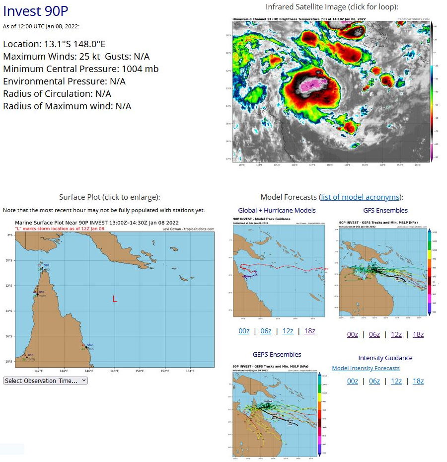 THE AREA OF CONVECTION (INVEST 90P) PREVIOUSLY LOCATED  NEAR 12.4S 147.5E IS NOW LOCATED NEAR 13.3S 147.8E, APPROXIMATELY  250 KM NORTH-NORTHEAST OF BOUGAINVILLE REEF, AUSTRALIA. ANIMATED  ENHANCED INFRARED SATELLITE IMAGERY DEPICTS A CONSOLIDATING LOW- LEVEL CIRCULATION (LLC) WITH PERSISTENT DEEP CONVECTION OBSCURING  THE LLC. A 080900Z SSMIS 91GHZ COMPOSITE MICROWAVE IMAGE, HOWEVER,  REVEALS SHALLOW BANDING WRAPPING TIGHTLY INTO A DEFINED CENTER WITH  DEEP CONVECTION DISPLACED TO THE NORTHWEST. A 081131Z ASCAT-B  BULLSEYE IMAGE SHOWS A SWATH OF 25 TO 30 KNOTS OVER THE NORTHERN  QUADRANT WITH 15 TO 20 KNOT WINDS ELSEWHERE. ENVIRONMENTAL ANALYSIS  INDICATES MARGINALLY FAVORABLE CONDITIONS WITH FAIR OUTFLOW,  MODERATE (20KTS) VERTICAL WIND SHEAR (VWS), AND WARM (29-30C) SEA  SURFACE TEMPERATURES (SST). GLOBAL MODELS INDICATE 90P WILL  GRADUALLY DEEPEN AS IT TRACKS WESTWARD TOWARD THE CAPE YORK  PENINSULA. MAXIMUM SUSTAINED SURFACE WINDS ARE ESTIMATED AT 20 TO 25  KNOTS. MINIMUM SEA LEVEL PRESSURE IS ESTIMATED TO BE NEAR 1004 MB.  THE POTENTIAL FOR THE DEVELOPMENT OF A SIGNIFICANT TROPICAL CYCLONE  WITHIN THE NEXT 24 HOURS IS UPGRADED TO MEDIUM.