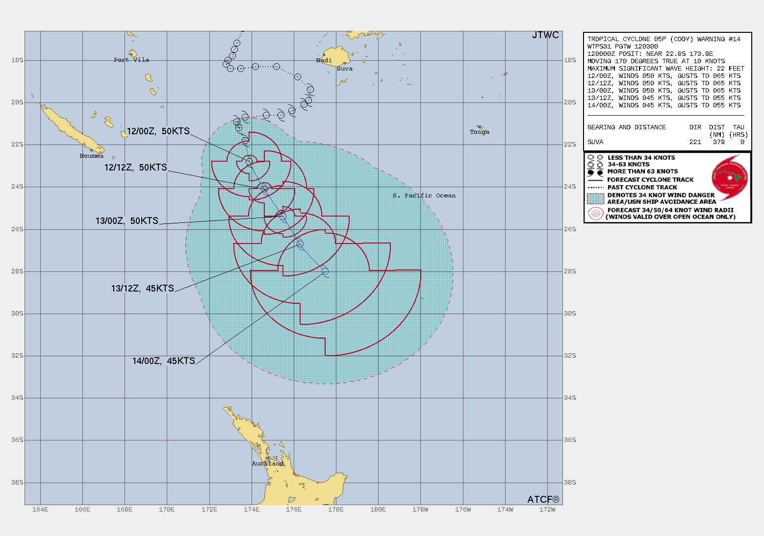 FORECAST REASONING.  SIGNIFICANT FORECAST CHANGES: THERE ARE NO SIGNIFICANT CHANGES TO THE FORECAST FROM THE PREVIOUS WARNING.  FORECAST DISCUSSION: TC CODY WILL TRACK MORE SOUTHEASTWARD UNDER THE STR FOR THE WHOLE DURATION OF THE FORECAST. AS THE SYSTEM MOVES MORE POLEWARD, VWS WILL INCREASE AND SSTS WILL DECREASE. HOWEVER, POLEWARD OUTFLOW WILL ALSO INCREASE, SUSTAINING THE CONVECTION UP TO  24H. BY 36H, THE SYSTEM WILL COMMENCE EXTRA-TROPICAL  TRANSITION AS IT ENTERS THE COLD BAROCLINIC ZONE AND BY 48H WILL  TRANSFORM INTO A STRONG GALE-FORCE COLD CORE LOW WITH AN EXPANDING  WIND FIELD.