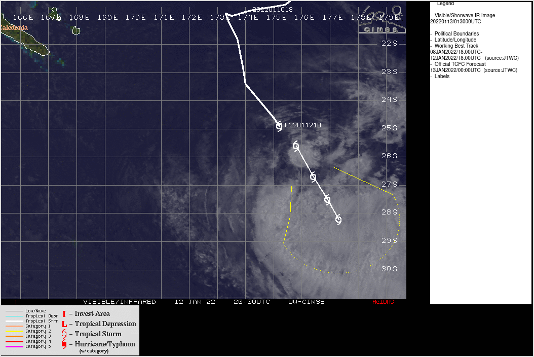 SATELLITE ANALYSIS, INITIAL POSITION AND INTENSITY DISCUSSION: ANIMATED MULTISPECTRAL SATELLITE IMAGERY (MSI) DEPICTS A BROAD, FULLY-EXPOSED LOW-LEVEL CIRCULATION CENTER (LLCC) WITH ISOLATED DEEP CONVECTION SHEARED TO THE SOUTHEAST. THE INITIAL POSITION IS  PLACED WITH HIGH CONFIDENCE BASED ON THE MSI. A 122117Z ASCAT-B IMAGE SUPPORTS THE INITIAL POSITION AND INITIAL INTENSITY ASSESSMENT, AND WAS ALSO USED TO ADJUST THE 34-KNOT WIND RADII. TC 05P IS LOCATED UNDER STRONG WESTERLY FLOW ALOFT WITH STRONG VERTICAL WIND SHEAR AND ROBUST POLEWARD OUTFLOW. SATELLITE ANALYSIS, INITIAL POSITION AND INTENSITY DISCUSSION: ANIMATED MULTISPECTRAL SATELLITE IMAGERY (MSI) DEPICTS A BROAD, FULLY-EXPOSED LOW-LEVEL CIRCULATION CENTER (LLCC) WITH ISOLATED DEEP CONVECTION SHEARED TO THE SOUTHEAST. THE INITIAL POSITION IS  PLACED WITH HIGH CONFIDENCE BASED ON THE MSI. A 122117Z ASCAT-B IMAGE SUPPORTS THE INITIAL POSITION AND INITIAL INTENSITY ASSESSMENT, AND WAS ALSO USED TO ADJUST THE 34-KNOT WIND RADII. TC 05P IS LOCATED UNDER STRONG WESTERLY FLOW ALOFT WITH STRONG VERTICAL WIND SHEAR AND ROBUST POLEWARD OUTFLOW.