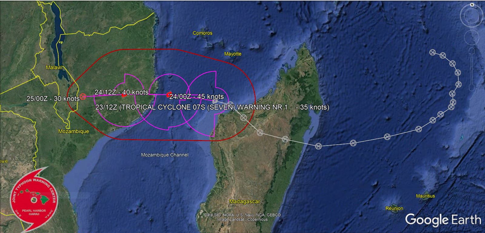 FORECAST REASONING.  SIGNIFICANT FORECAST CHANGES: THIS INITIAL PROGNOSTIC REASONING MESSAGE ESTABLISHES THE FORECAST PHILOSOPHY.  FORECAST DISCUSSION: TC 07S IS FORECAST TO TRACK WESTWARD ALONG THE NORTHERN PERIPHERY OF THE SUBTROPICAL RIDGE (STR) ENTRENCHED TO THE SOUTH. TC 07S WILL INTENSIFY TO A PEAK OF 45 KNOTS AT 12H DUE TO THE FAVORABLE CONDITIONS INCLUDING WARM SEA SURFACE TEMPERATURES (29-30C) AND VIGOROUS EQUATORWARD OUTFLOW. THERE IS SOME POTENTIAL FOR THE SYSTEM TO INTENSIFY SLIGHTLY HIGHER (50 KNOTS) BEFORE IT MAKES LANDFALL NEAR 18H. AFTER 18H, TC 07S WILL TRACK INLAND AND DISSIPATE RAPIDLY.