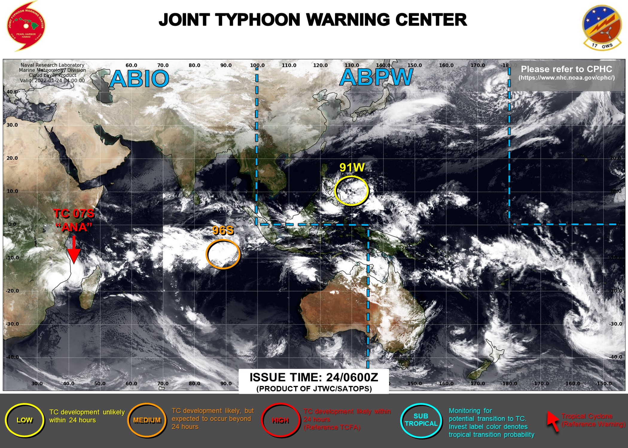 TC 07S(ANA) intensifying and bearing down on MOZ// Invest 96W now MEDIUM and Invest 91W on the map, 24/03utc