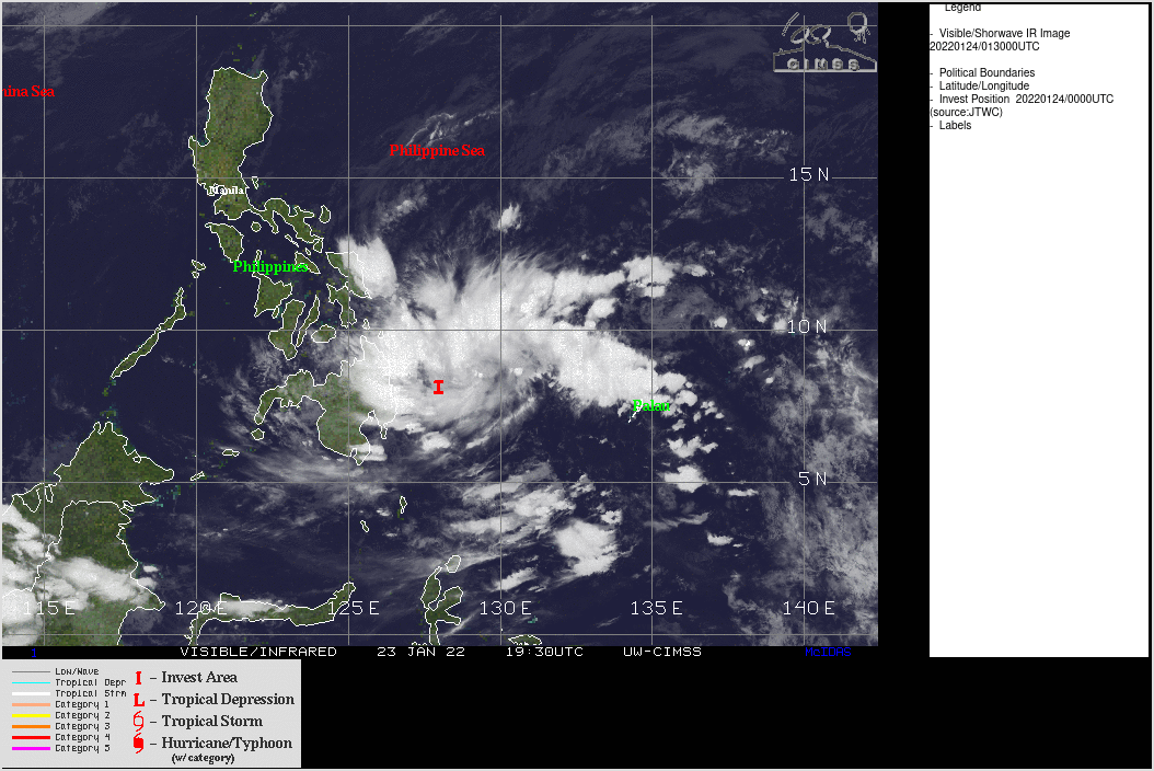 AN AREA OF CONVECTION (INVEST 91W) HAS PERSISTED NEAR 8.4N  129.6E, APPROXIMATELY 455KM NORTHEAST OF THE DAVAO, PHILIPPINES.  ANIMATED ENHANCED INFRARED SATELLITE IMAGERY AND A 232146Z SSMIS  91GHZ MICROWAVE IMAGE DISPLAY SOME ORGANIZED BANDING WRAPPING INTO A  PARTIALLY EXPOSED LOW LEVEL CIRCULATION(LLC). ENVIRONMENTAL ANALYSIS  INDICATES OVERALL FAVORABLE CONDITIONS DEFINED BY MODERATE (15-20  KNOTS) VERTICAL WIND SHEAR, BEING OFFSET BY FAIR POLEWARD OUTFLOW  AND WARM (27-28C) SEA SURFACE TEMPERATURES. ECMWF AND GFS ARE IN  GENERAL AGREEMENT ON THE WESTWARD TRACK OF INVEST 91W AND DESPITE  THE OVERALL FAVORABLE ENVIRONMENT LIMITED TIME OVER WATER BEFORE  MAKING LANDFALL OVER MINDANAO MEANS THE SYSTEM IS NOT EXPECTED TO  REACH WARNING CRITERIA IN THE NEXT 24 HOURS. MAXIMUM SUSTAINED  SURFACE WINDS ARE ESTIMATED AT 10 TO 15 KNOTS. MINIMUM SEA LEVEL  PRESSURE IS ESTIMATED TO BE NEAR 1004 MB. THE POTENTIAL FOR THE  DEVELOPMENT OF A SIGNIFICANT TROPICAL CYCLONE WITHIN THE NEXT 24  HOURS IS UPGRADED TO LOW.