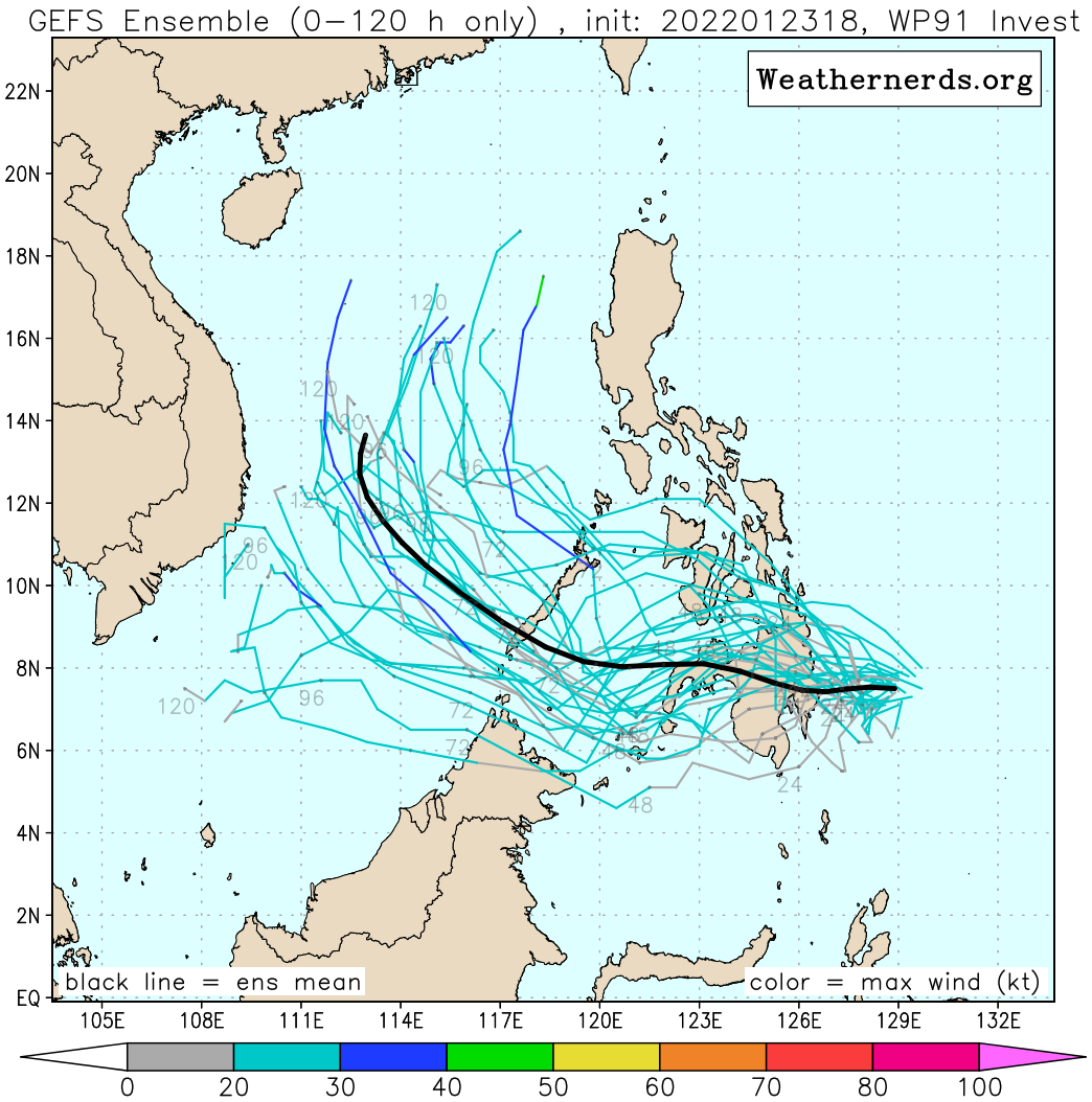ECMWF AND GFS ARE IN GENERAL AGREEMENT ON THE WESTWARD TRACK OF INVEST 91W AND DESPITE THE OVERALL FAVORABLE ENVIRONMENT LIMITED TIME OVER WATER BEFORE MAKING LANDFALL OVER MINDANAO MEANS THE SYSTEM IS NOT EXPECTED TO REACH WARNING CRITERIA IN THE NEXT 24 HOURS.