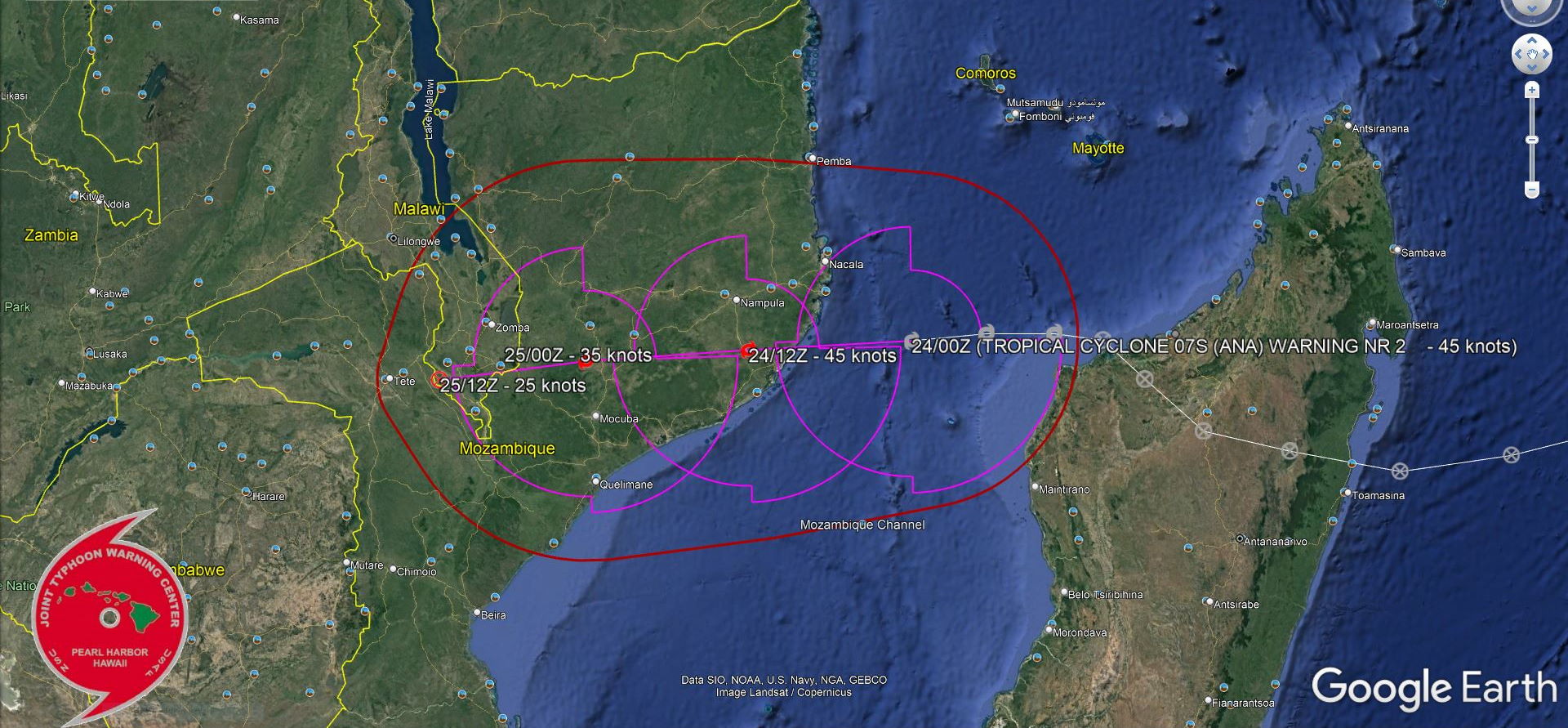 FORECAST REASONING.  SIGNIFICANT FORECAST CHANGES: THERE ARE NO SIGNIFICANT CHANGES TO THE FORECAST FROM THE PREVIOUS WARNING.  FORECAST DISCUSSION: TC 07S WILL CONTINUE TRACKING WESTWARD ALONG THE NORTHERN PERIPHERY OF THE SUBTROPICAL RIDGE (STR) THROUGH THE FORECAST PERIOD. THE SYSTEM IS EXPECTED TO MAKE LANDFALL ALONG THE MOZAMBIQUE COAST SOUTH OF NACALA WITHIN THE NEXT 12 HOURS. THE WARM SSTS, GOOD DIVERGENCE ALOFT, AND LOW VWS WILL SUPPORT NEAR-TERM INTENSIFICATION TO A PEAK NEAR 50-55 KNOTS PRIOR TO LANDFALL, WHICH CANNOT BE CAPTURED IN THE 12-HOUR FORECAST INCREMENTS. THE SYSTEM WILL RAPIDLY WEAKEN AND DISSIPATE BELOW WARNING CRITERIA WITHIN 24 HOURS OF LANDFALL.