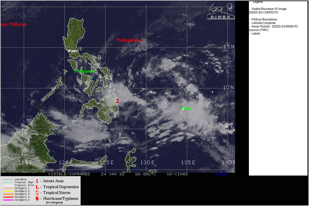 THE AREA OF CONVECTION (INVEST 91W) PREVIOUSLY LOCATED  NEAR 8.4N 129.6E IS NOW LOCATED NEAR 8.6N 126.5E, APPROXIMATELY 190 KM NORTH-NORTHEAST OF DAVAO, PHILIPPINES. ANIMATED MULTISPECTRAL  SATELLITE IMAGERY AND A 240410Z GMI 89GHZ MICROWAVE IMAGE DISPLAY  SOME ORGANIZED BANDING WRAPPING INTO A PARTIALLY EXPOSED LOW LEVEL  CIRCULATION (LLC). ENVIRONMENTAL ANALYSIS INDICATES OVERALL  FAVORABLE CONDITIONS DEFINED BY LOW TO MODERATE (15-20 KNOTS)  VERTICAL WIND SHEAR, BEING OFFSET BY FAIR POLEWARD OUTFLOW AND WARM  (27-28C) SEA SURFACE TEMPERATURES. ECMWF AND GFS ARE IN GENERAL  AGREEMENT ON THE WESTWARD TRACK OF INVEST 91W AND DESPITE THE  OVERALL FAVORABLE ENVIRONMENT, LIMITED TIME OVER WATER BEFORE MAKING  LANDFALL OVER MINDANAO INDICATES THE SYSTEM IS NOT EXPECTED TO REACH  WARNING CRITERIA IN THE NEXT 48 HOURS. MAXIMUM SUSTAINED SURFACE  WINDS ARE ESTIMATED AT 10 TO 15 KNOTS. MINIMUM SEA LEVEL PRESSURE IS  ESTIMATED TO BE NEAR 1004 MB. THE POTENTIAL FOR THE DEVELOPMENT OF A  SIGNIFICANT TROPICAL CYCLONE WITHIN THE NEXT 24 HOURS REMAINS LOW.