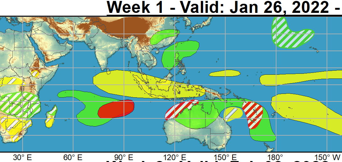 The only tropical cyclone (TC) formation in the past week was Tropical Storm Ana over the southwestern Indian Ocean on January 22. This system first impacted Madagascar as a tropical depression and quickly reorganized over the Mozambique channel, making a second landfall in Mozambique as a moderate strength tropical storm. TC development during the next week is favored over the southern Indian Ocean as well as over the southwestern Pacific, driven by increased Equatorial Rossby Wave activity. The Joint Typhoon Warning Center is currently monitoring a disturbance over the south-central Indian Ocean, which has been given an 80 percent chance of developing into a TC over the next few days as it tracks west-southwestward, corresponding with a high risk area for TC development. Conditions are forecast to remain favorable for TC formation across the southern Indian Ocean into week-2 with the CFS, GEFS, and ECMWF models indicating enhanced convection expanding across the basin, and a broad moderate confidence region is indicated during week-2. NOAA.