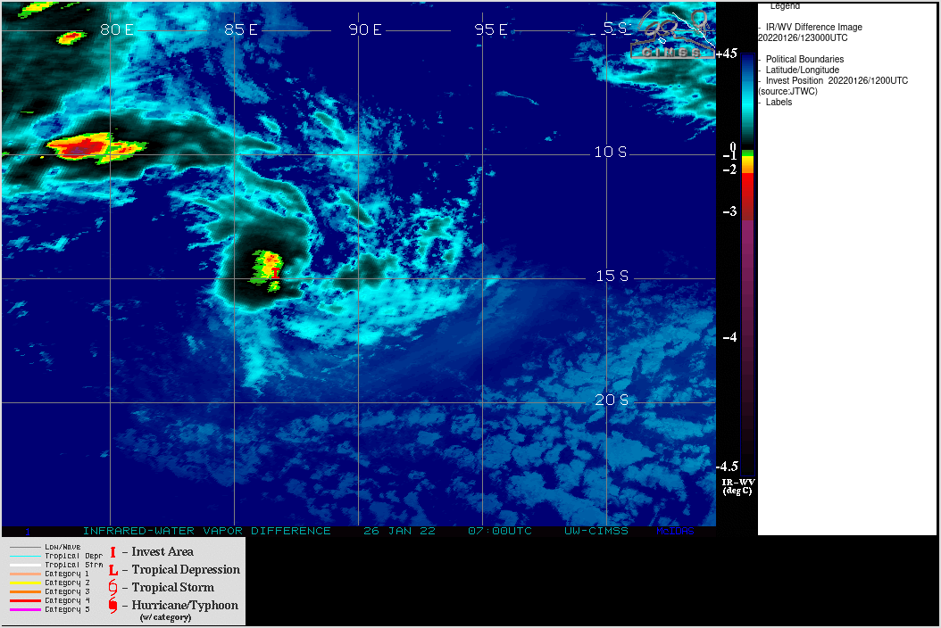 THE AREA OF CONVECTION (INVEST 96S) PREVIOUSLY LOCATED  NEAR 12.9S 90.9E IS NOW LOCATED NEAR 13.2S 90.6E, APPROXIMATELY 690  KM WEST OF COCOS ISLANDS. ANIMATED ENHANCED INFRARED SATELLITE  IMAGERY DEPICTS CONSOLIDATING CONVECTION OVERHEAD OF AN OBSCURED LOW  LEVEL CIRCULATION. ENVIRONMENTAL ANALYSIS CONTINUES TO INDICATE  MARGINAL CONDITIONS FOR DEVELOPMENT DEFINED BY FAIR OUTFLOW ALOFT  AND WARM (29-30C) SEA SURFACE TEMPERATURES, OFFSET BY HIGH (30-40KT)  VERTICAL WIND SHEAR (VWS) TO THE NORTH AND MODERATE TO HIGH (20- 30KT) VWS TO THE SOUTH. GLOBAL MODELS ARE IN GOOD AGREEMENT THAT 96S  WILL CONSOLIDATE AS IT CONTINUES ON ITS SOUTH-SOUTHWESTWARD TRACK  OVER THE NEXT 24-48 HOURS. MAXIMUM SUSTAINED SURFACE WINDS ARE  ESTIMATED AT 20 TO 25 KNOTS. MINIMUM SEA LEVEL PRESSURE IS ESTIMATED  TO BE NEAR 1005 MB. THE POTENTIAL FOR THE DEVELOPMENT OF A  SIGNIFICANT TROPICAL CYCLONE WITHIN THE NEXT 24 HOURS REMAINS HIGH.