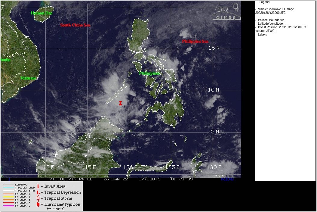 THE AREA OF CONVECTION (INVEST 91W) PREVIOUSLY LOCATED  NEAR 8.2N 124.2E IS NOW LOCATED NEAR 8.4N 121.4E, APPROXIMATELY 330  KM EAST-SOUTHEAST OF PUERTU PRINCESA, PHILLIPINES. ANIMATED ENHANCED  MULTISPECTRAL SATELLITE IMAGERY (MSI) AND A 250330Z ENHANCED INFRA  RED IMAGERY (EIR) DEPICTS DISORGANIZED CONVECTION IN THE NORTHEAST  AND SOUTHWEST QUADRANTS WRAPPING INTO A WEAKLY DEFINED LOW LEVEL  CIRCULATION (LLC). ENVIRONMENTAL ANALYSIS INDICATES MARGINALLY  FAVORABLE CONDITIONS DEFINED BY WARM SEA SURFACE TEMPERATURES (27- 28C), LOW TO MODERATE (15-20 KNOTS) VERTICAL WIND SHEAR AND FAIR  POLEWARD OUTFLOW. GLOBAL MODELS ARE IN GENERAL AGREEMENT ON THE  WESTWARD TRACK OF INVEST 91W AND DESPITE THE MARGINALLY FAVORABLE  ENVIRONMENT, INDICATES THE SYSTEM IS NOT EXPECTED TO REACH WARNING  CRITERIA IN THE NEXT 48 HOURS. MAXIMUM SUSTAINED SURFACE WINDS ARE  ESTIMATED AT 18 TO 23 KNOTS. MINIMUM SEA LEVEL PRESSURE IS ESTIMATED  TO BE NEAR 1007 MB. THE POTENTIAL FOR THE DEVELOPMENT OF A  SIGNIFICANT TROPICAL CYCLONE WITHIN THE NEXT 24 HOURS REMAINS LOW.