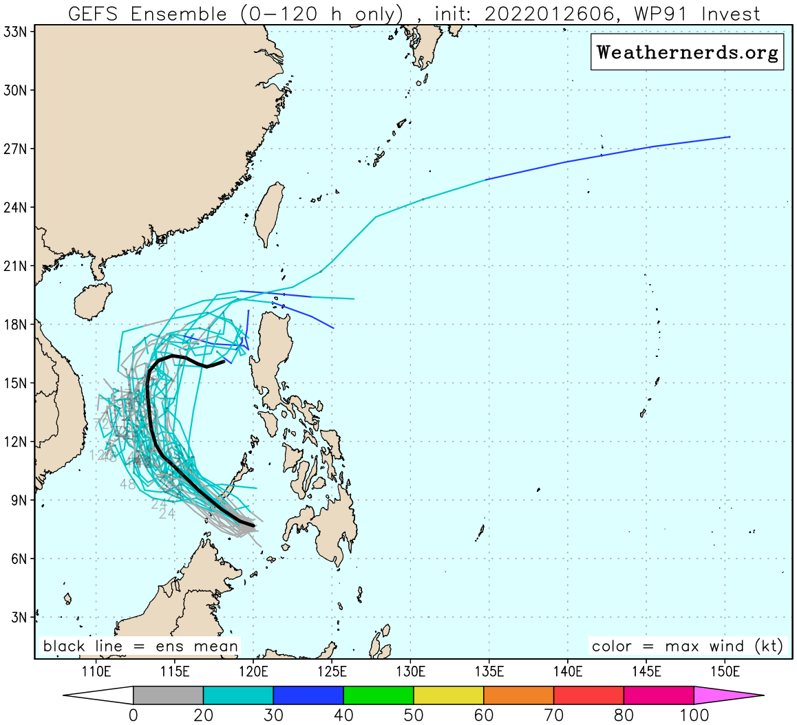 GLOBAL MODELS ARE IN GENERAL AGREEMENT ON THE WESTWARD TRACK OF INVEST 91W AND DESPITE THE MARGINALLY FAVORABLE ENVIRONMENT, INDICATES THE SYSTEM IS NOT EXPECTED TO REACH WARNING CRITERIA IN THE NEXT 48 HOURS.