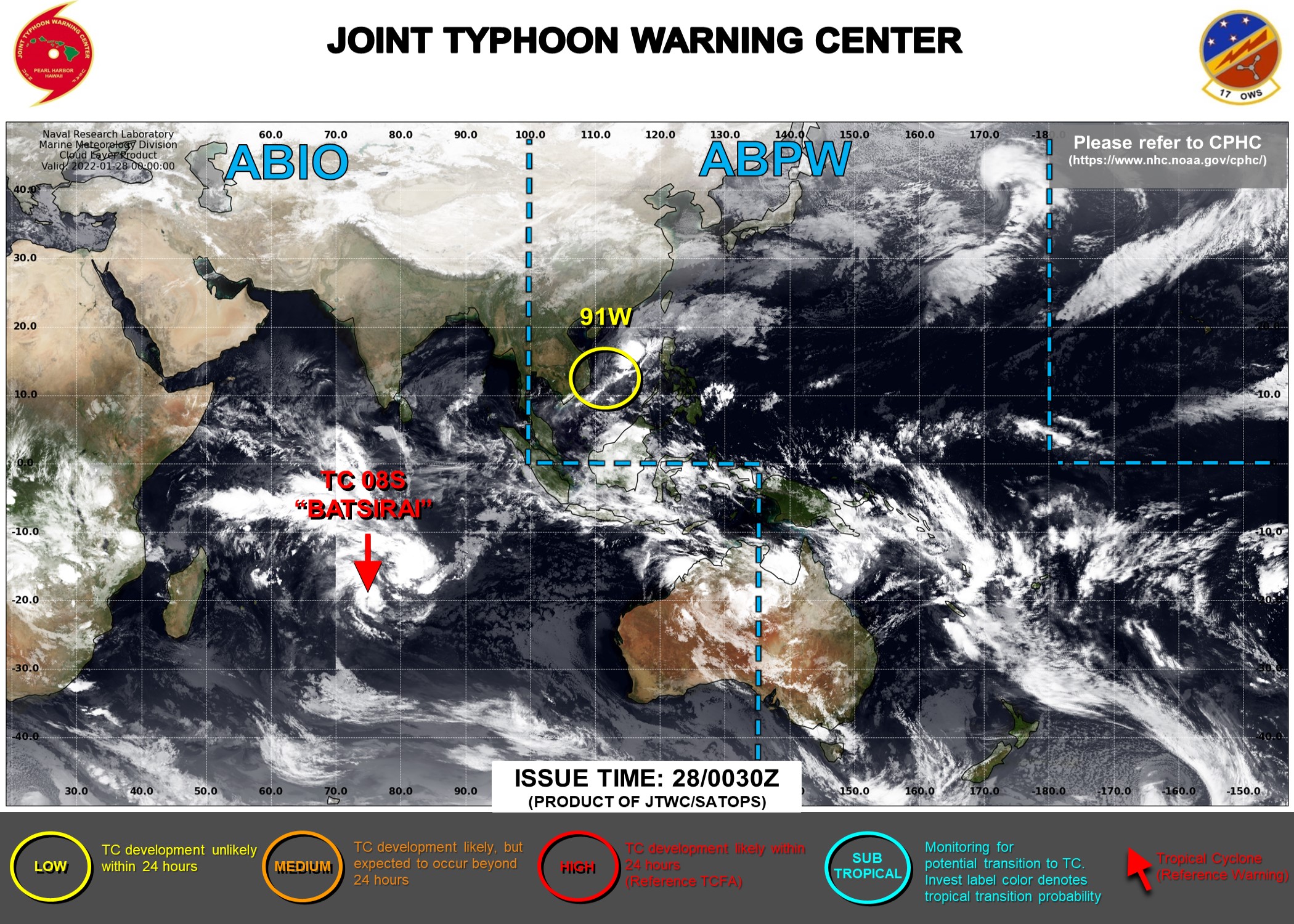 JTWC IS ISSUING 12HOURLY WARNINGS ON TC 08S(BATSIRAI) AND 3HOURLY SATELLITE BULLETINS ON 08S AND INVEST 91W.