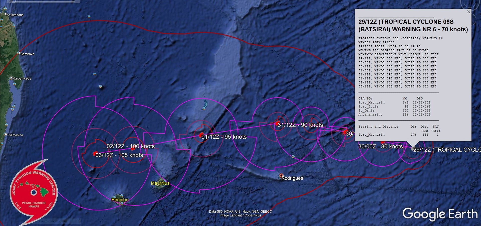 FORECAST REASONING.  SIGNIFICANT FORECAST CHANGES: THERE ARE NO SIGNIFICANT CHANGES TO THE FORECAST FROM THE PREVIOUS WARNING.  FORECAST DISCUSSION: TC BATSIRAI WILL CONTINUE GENERALLY WESTWARD ON ITS CURRENT TRACK UNDER THE STR INFLUENCE. AFTER 24H, A SECONDARY SUBTROPICAL RIDGE (STR) WILL BUILD FROM THE SOUTHWEST, ASSUME STEERING, AND DRIVE THE CYCLONE WEST-NORTHWESTWARD UP TO 48H; AFTERWARD, THE  TRACK WILL RETURN TO A WESTWARD TRAJECTORY AS THE STR RECEDES  EASTWARD. THE FAVORABLE ENVIRONMENT WILL FUEL A STEADY  INTENSIFICATION, REACHING 105KTS/CAT 3 US BY 120H, AS IT PASSES NORTH OF  LA REUNION.