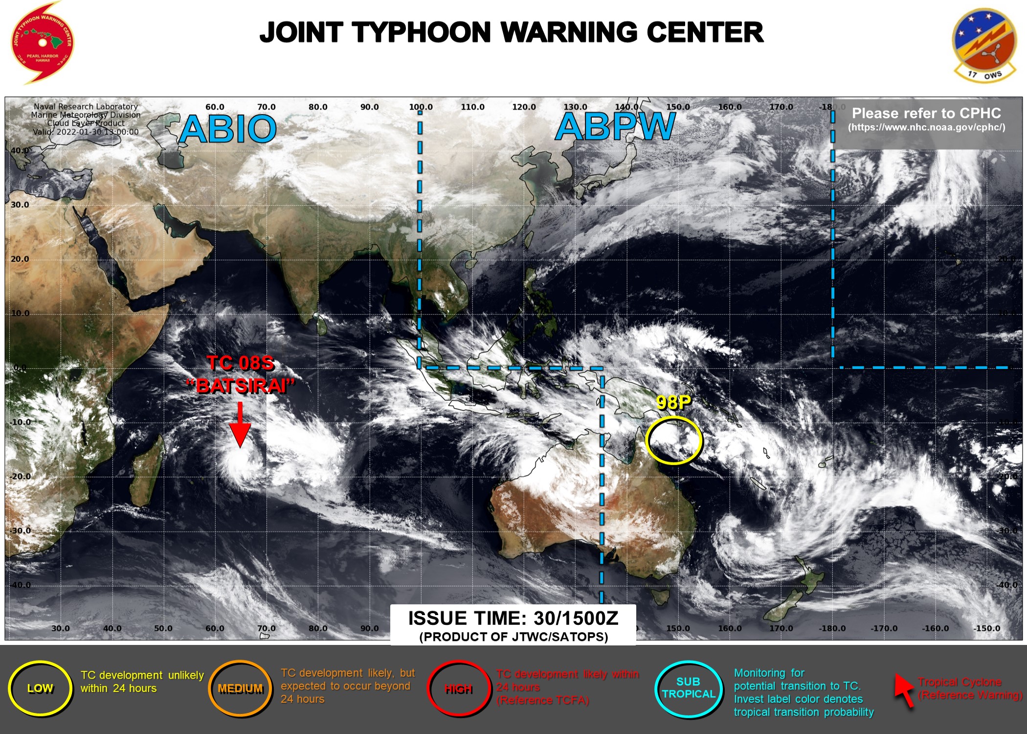 JTWC IS ISSUING 12HOURLY WARNINGS ON TC 08S(BATSIRAI) AND 3HOURLY SATELLITE BULLETINS ON 08S AND INVEST 98P.