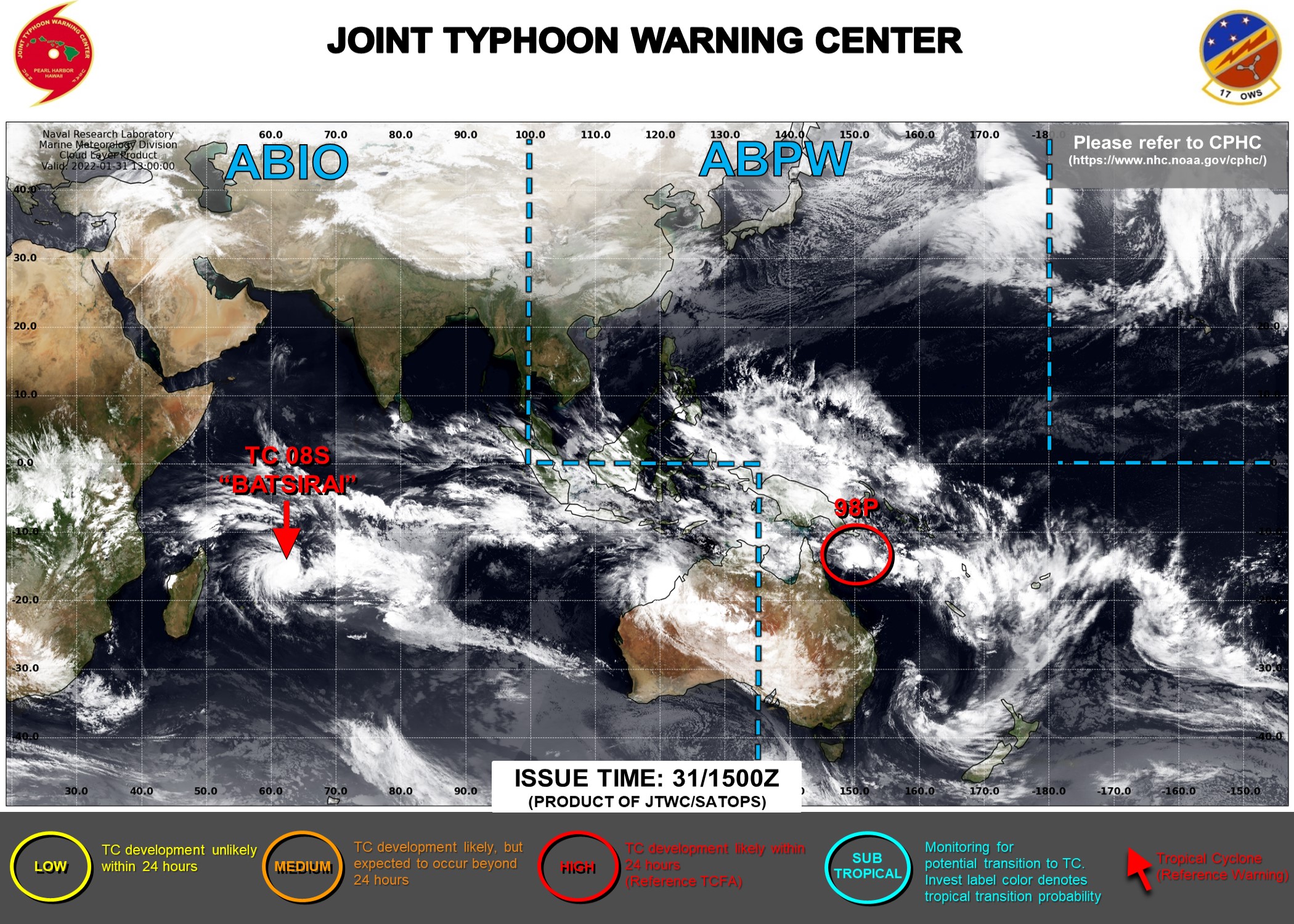 JTWC IS ISSUING 12HOURLY WARNINGS AND 3HOURLY SATELLITE BULLETINS ON TC 08S(BATSIRAI). 3HOURLY SATELLITE BULLETINS ARE ISSUED ON INVEST 98P. JTWC IS ISSUING 12HOURLY WARNINGS AND 3HOURLY SATELLITE BULLETINS ON TC 08S(BATSIRAI). 3HOURLY SATELLITE BULLETINS ARE ISSUED ON INVEST 98P.