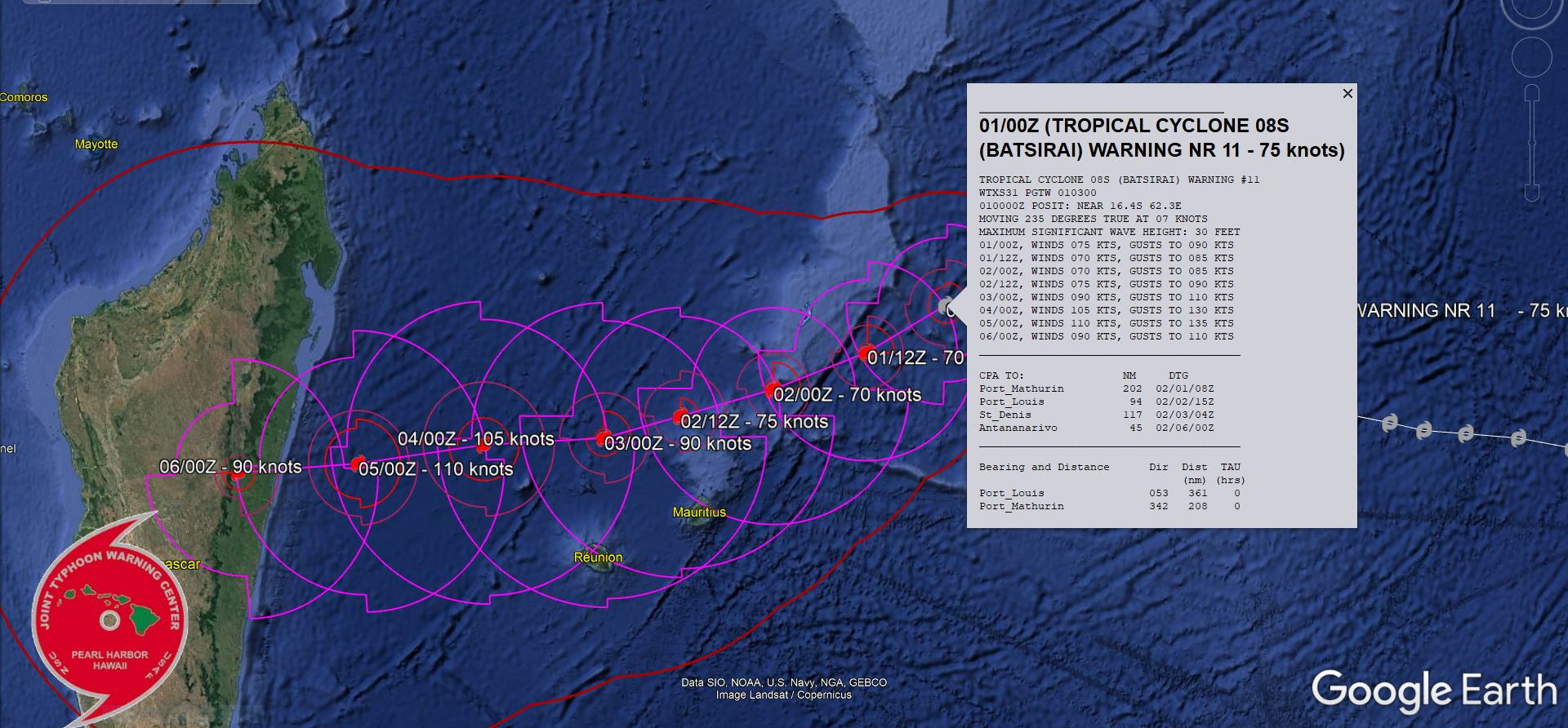 FORECAST REASONING.  SIGNIFICANT FORECAST CHANGES: THERE ARE NO SIGNIFICANT CHANGES TO THE FORECAST FROM THE PREVIOUS WARNING.  FORECAST DISCUSSION: OVER THE PAST TWELVE HOURS, TC 08S HAS SLOWED, REACHED A MAXIMUM EQUATORWARD POINT, AND THEN TURNED SOUTHWESTWARD, AS THE STEERING MECHANISM HAS SWITCHED FROM A WEAK STEERING PATTERN DOMINATED BY THE NEAR-EQUATORIAL RIDGE (NER) TO THE NORTH, TO ONE DOMINATED BY THE STR TO THE SOUTHWEST. THROUGH THE FORECAST PERIOD, THE STR IS EXPECTED TO SLOWLY DRIFT EASTWARD TO A POSITION DUE SOUTH OF TC 08S BY 72H. AS THE RIDGE PASSES BY TO THE SOUTH, TC 08S WILL FIRST TRACK SOUTHWESTWARD TRACK THROUGH 72H, THEN TURN TO A MORE WESTWARD TRACK THROUGH THE REMAINDER OF THE FORECAST PERIOD. LANDFALL ALONG THE CENTRAL COAST OF MADAGASCAR IS EXPECTED PRIOR TO 120H. IN THE NEAR-TERM, PERSISTENT MODERATE TO STRONG EASTERLY SHEAR WILL LEAD TO A STEADY INTENSITY, OR SLIGHT WEAKENING THROUGH 24H. AFTER 36H, THE SHEAR IS FORECAST TO BEGIN TO SLACKEN, ALLOWING TC 08S TO REESTABLISH THE CONVECTIVE CORE, AND EMBARK UPON A PERIOD OF STEADY INTENSIFICATION. AND MESOSCALE UPPER-LEVEL ANTICYCLONE OR POINT SOURCE IS FORECAST TO DEVELOP OVER TOP OF THE SYSTEM AROUND 48H, WHICH SHOULD ALLOW FOR A FASTER RATE OF INTENSIFICATION TO PEAK OF 110 KNOTS/CAT 3 US BY 96H. IT IS POSSIBLE THAT A SLIGHTLY HIGHER PEAK COULD BE REACHED BETWEEN  96H AND LANDFALL, BUT SSTS ARE SLIGHTLY LOWER (27C) NEAR THE COAST, WHICH COULD LIMIT THE PEAK INTENSITY POTENTIAL. ONCE THE SYSTEM MAKES LANDFALL, IT WILL WEAK RAPIDLY AS IT INTERACTS WITH THE ROUGH TERRAIN OF CENTRAL MADAGASCAR.