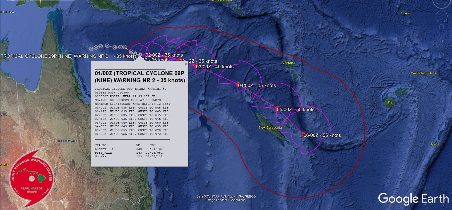 FORECAST REASONING.  SIGNIFICANT FORECAST CHANGES: THERE ARE NO SIGNIFICANT CHANGES TO THE FORECAST FROM THE PREVIOUS WARNING.  FORECAST DISCUSSION: TC 09P HAS CONTINUED TO STRUGGLE TO CONSOLIDATE A WELL DEFINED LOW LEVEL CORE. DRY AIR ENTRAINMENT IN THE MID-LEVELS COMBINED WITH PERSISTENT, THOUGH DECREASING, SOUTHEASTERLY SHEAR BEING THE PRIMARY LIMITED FACTORS TO CONSOLIDATION AND DEVELOPMENT. TC 09P IS FORECAST TO CONTINUE TO TRACK GENERALLY EASTWARD FOR THE NEXT 12 TO 24 HOURS ALONG THE SOUTHWEST PERIPHERY OF THE NER CENTERED TO THE NORTHEAST. THE SYSTEM WILL GRADUALLY TURN ONTO A MORE SOUTHEASTWARD TRACK AFTER 24H AS THE SYSTEM TRACKS ALONG THE GRADIENT BETWEEN THE NER AND A DEVELOPING DEEP CUTOFF LOW WHICH IS EXPECTED TO DEVELOP JUST SOUTH OF NEW CALEDONIA BY 48H. IN THE NEAR-TERM TC 09P IS NOT EXPECTED TO INTENSIFY, MAINTAINING CURRENT INTENSITY AS IT STRUGGLES AGAINST THE MID-LEVEL DRY AIR AND PERSISTENT SHEAR. AFTER 36H THE SYSTEM WILL MOVE INTO A MORE FAVORABLE OUTFLOW ENVIRONMENT, TAPPING INTO STRONGER DIVERGENT POLEWARD OUTFLOW AND DECREASED SHEAR, WHILE THE ATMOSPHERE MOISTENS SIMULTANEOUSLY, ALLOWING FOR STEADY INTENSIFICATION TO A PEAK OF 55 KNOTS BY 96H.