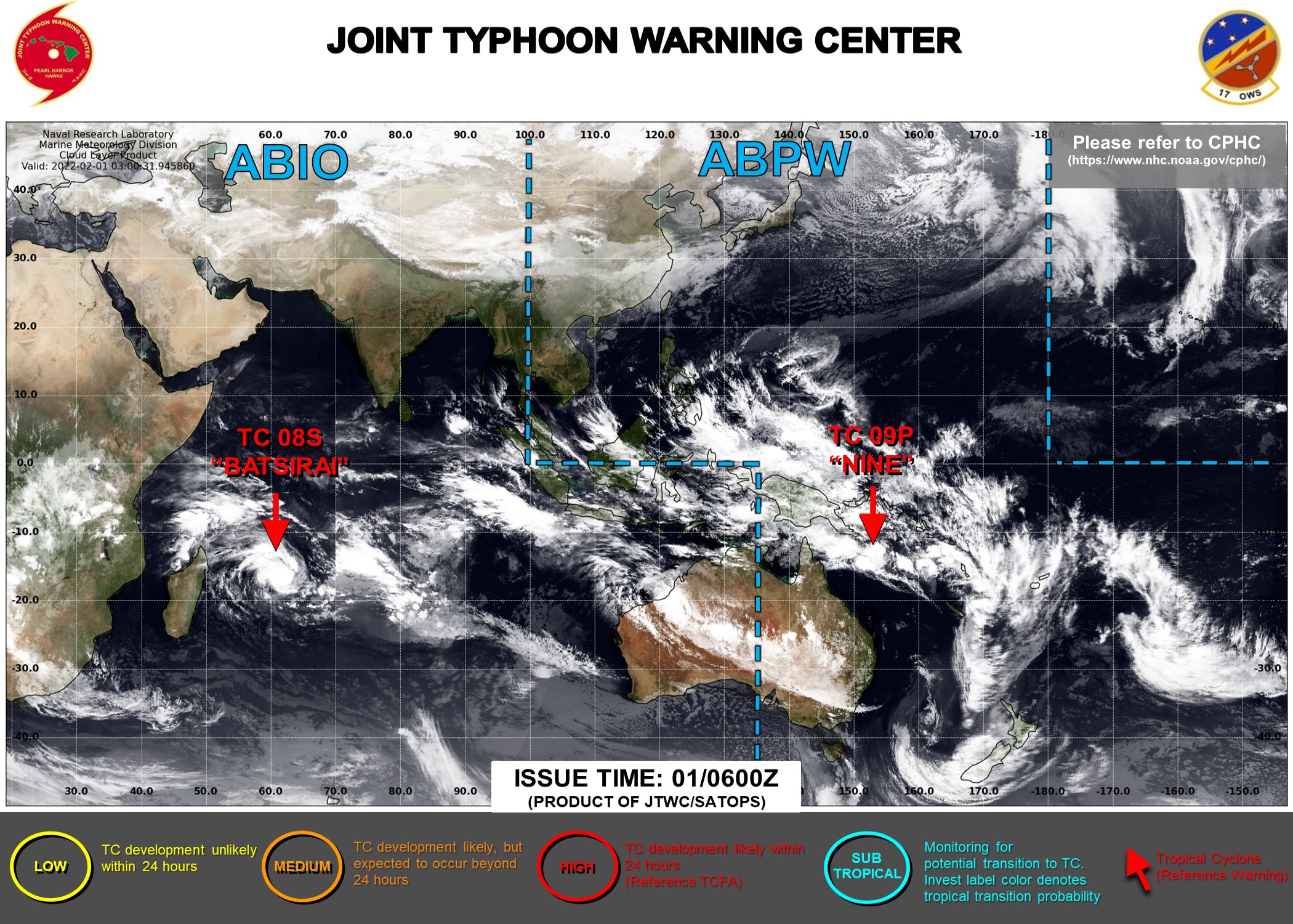 JTWC IS ISSUING 12HOURLY WARNINGS ON TC 08S(BATSIRAI) AND 6HOURLY WARNINGS ON TC 09P. 3HOURLY SATELLITE BULLETINS ARE ISSUED FOR BOTH SYSTEMS.