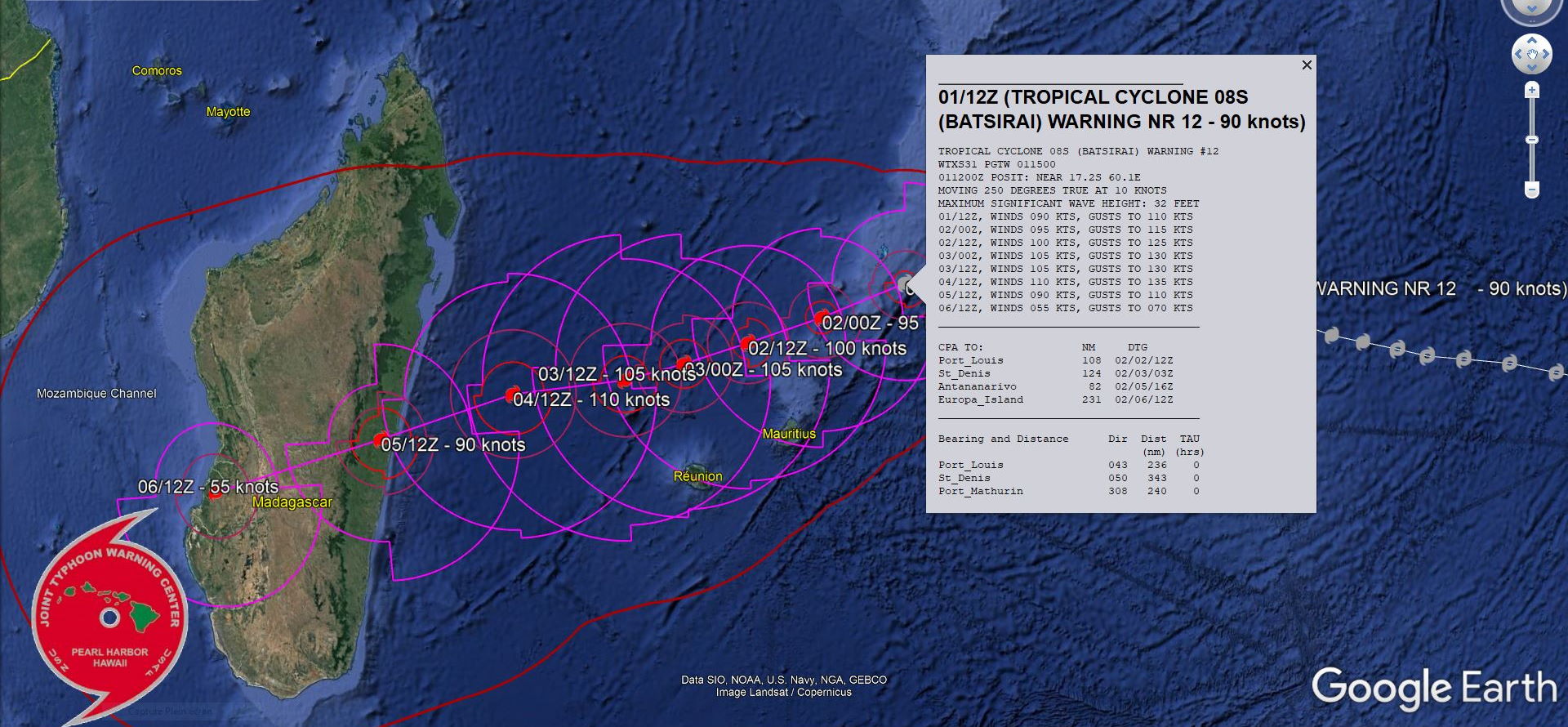 FORECAST REASONING.  SIGNIFICANT FORECAST CHANGES: THERE ARE NO SIGNIFICANT CHANGES TO THE FORECAST FROM THE PREVIOUS WARNING.  FORECAST DISCUSSION: TC 08S WILL TRACK GENERALLY WEST-SOUTHWESTWARD TO WESTWARD THROUGH 72H UNDER THE STEERING INFLUENCE OF THE SUBTROPICAL RIDGE (STR) TO THE SOUTH. TC 08S IS FORECAST TO INTENSIFY STEADILY THROUGH 72H UNDER FAVORABLE CONDITIONS AND SHOULD REACH A PEAK INTENSITY OF 110 KNOTS/CAT 3 US AT 72H ALTHOUGH A HIGHER PEAK INTENSITY IS POSSIBLE. AFTER 72H, THE STR WILL SHIFT EASTWARD AND REALIGN WITH THE APPROACH OF A MIDLATITUDE MAJOR SHORTWAVE TROUGH. THIS WILL PRODUCE A WEST-SOUTHWESTWARD TURN TOWARD A BREAK IN THE STR. TC 08S WILL MAKE LANDFALL NEAR 96H AND IS EXPECTED TO WEAKEN QUICKLY AS IT TRANSITS THE MOUNTAINOUS TERRAIN OF MADAGASCAR. HOWEVER, THE SYSTEM IS EXPECTED TO REINTENSIFY OVER THE MOZAMBIQUE CHANNEL AFTER THE FORECAST PERIOD.