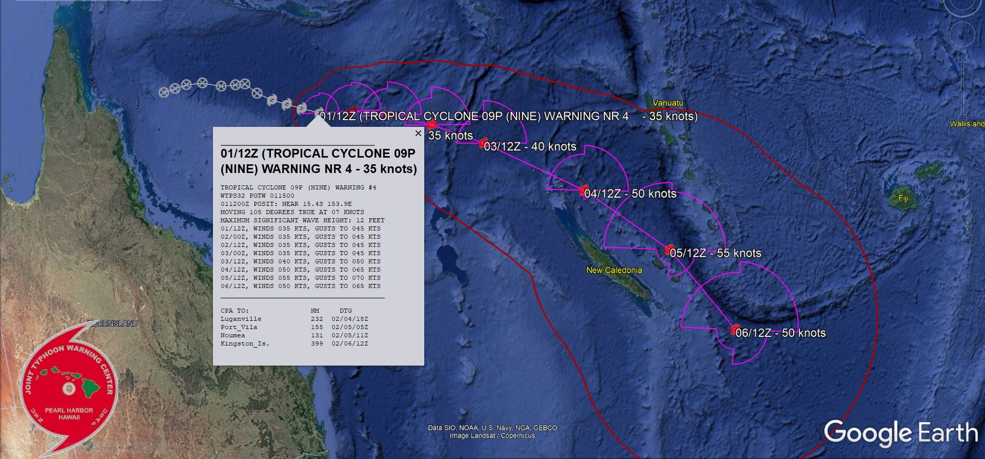 FORECAST REASONING.  SIGNIFICANT FORECAST CHANGES: THERE ARE NO SIGNIFICANT CHANGES TO THE FORECAST FROM THE PREVIOUS WARNING.  FORECAST DISCUSSION: TC 09P IS FORECAST TO TRACK EASTWARD TO EAST-SOUTHEASTWARD UNDER THE STEERING INFLUENCE OF THE NER THROUGH 72H. TC 09P WILL MAINTAIN INTENSITY AT 35 KNOTS THROUGH 36H DUE TO DRY AIR ENTRAINMENT AS WELL AS INCREASING MID-LEVEL VERTICAL WIND SHEAR (VWS). AFTER 36H, THE SYSTEM WILL INTENSIFY SLOWLY AS VWS DECREASES, THE CORE ENVIRONMENT MOISTENS AND POLEWARD OUTFLOW IMPROVES. AFTER 72H, TC 09P WILL GRADUALLY TURN SOUTHEASTWARD ALONG THE WESTERN FLANK OF A BUILDING SUBTROPICAL RIDGE (STR) TO THE EAST. TRACK SPEEDS WILL INCREASE AFTER 72H AS THE SYSTEM TRACKS WITHIN THE ENHANCED FLOW BETWEEN THE STR AND A BROAD MIDLATITUDE TROUGH. THE SYSTEM WILL PEAK AT 55 KNOTS BY 96H THEN WEAKEN SLIGHTLY, HOWEVER, THIS PORTION OF THE INTENSITY FORECAST IS UNCERTAIN DUE TO POSSIBLE DRY AIR ENTRAINMENT AND SLIGHTLY COOLER SEA SURFACE TEMPERATURES (27-28C).