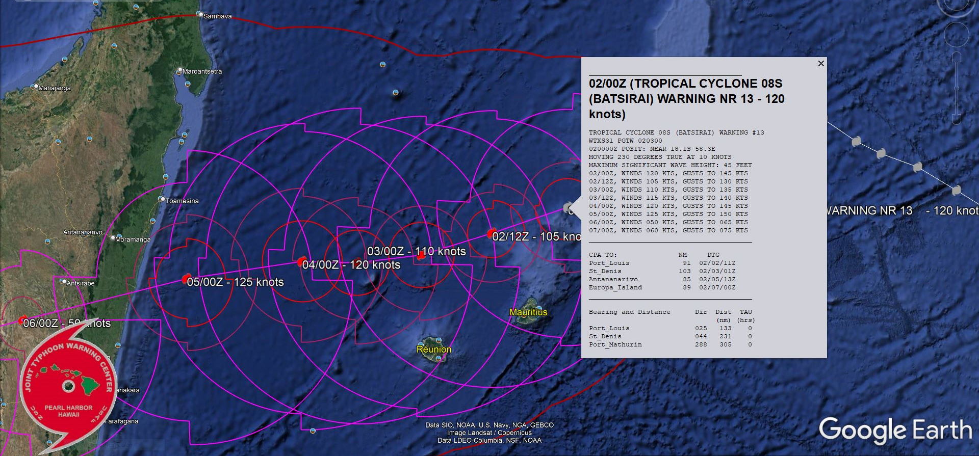 FORECAST REASONING.  SIGNIFICANT FORECAST CHANGES: THERE ARE NO SIGNIFICANT CHANGES TO THE FORECAST FROM THE PREVIOUS WARNING.  FORECAST DISCUSSION: TC 08S IS FORECAST TO CONTINUE TRACKING WEST-SOUTHWESTWARD OVER THE NEXT 24 TO 36 HOURS ALONG AN EXTENSION OF THE SUBTROPICAL RIDGE (STR) CENTERED TO THE SOUTHWEST. BY 36H THE STR WILL QUICKLY MOVE TO THE EAST AND SLIDE INTO A POSITION DUE SOUTH OF THE SYSTEM AND TC 08S WILL SLOW DOWN AND SHIFT TO A WESTWARD TRACK DURING THIS TIME. AFTER 48H AND DEEP, MID-LATITUDE TROUGH WILL ERODE THE STEERING RIDGE FROM THE WEST, AND TC 08S WILL TURN ONTO A MORE SOUTHWESTWARD TRACK ONCE MORE AS IT APPROACHES THE CENTRAL COAST OF MADAGASCAR. THE SYSTEM IS EXPECTED TO MAKE LANDFALL AFTER 72H, AND QUICKLY CROSS THE ISLAND, AND REEMERGE INTO THE MOZAMBIQUE CHANNEL BY 120H. ANALYSIS OF RECENT MICROWAVE IMAGERY SUGGESTS EYEWALL REPLACEMENT CYCLE (ERC) HAS ALREADY BEGUN OR IS IMMINENT. THE SYSTEM HAS THUS LIKELY REACHED ITS PEAK INTENSITY AND ONCE ERC BEGINS, WILL WEAKEN BY AT LEAST 15 KNOTS IF NOT A BIT MORE. NO MAJOR CHANGES IN THE SYNOPTIC ENVIRONMENT ARE ANTICIPATED AND AFTER THE ERC COMPLETES WITHIN 12 TO 18 HOURS, RE-INTENSIFICATION IS EXPECTED, TO A SECOND PEAK OF 125 KNOTS/CAT 4 US PRIOR TO LANDFALL. THE SYSTEM WILL DRAMATICALLY WEAKEN AS IT CROSSES OVER THE RUGGED TERRAIN 2000 METER HEIGHTS OF CENTRAL MADAGASCAR, AND IS EXPECTED TO EMERGE INTO THE MOZAMBIQUE CHANNEL AS A 60 KNOT CYCLONE.