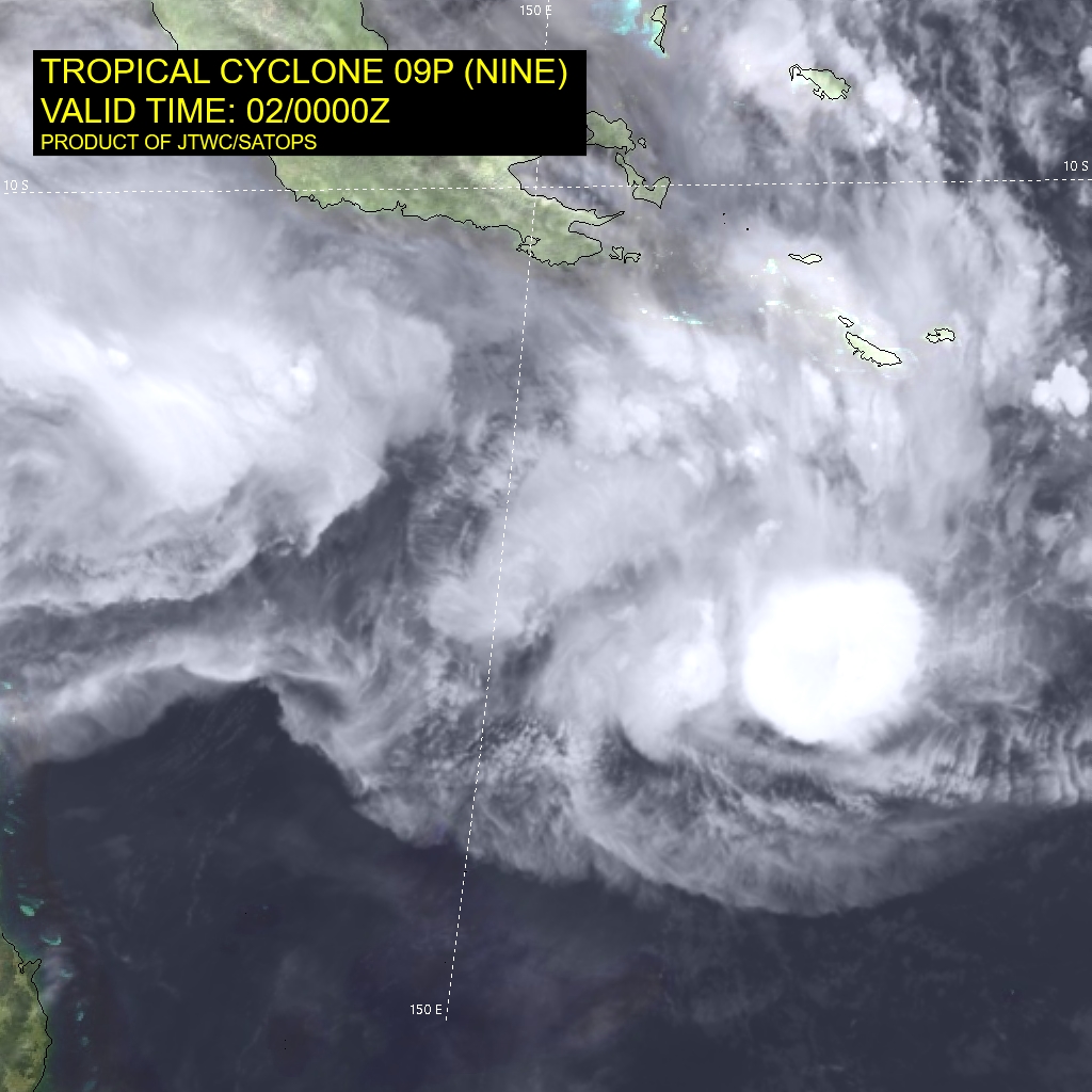 SATELLITE ANALYSIS, INITIAL POSITION AND INTENSITY DISCUSSION: JTWC ASSESSES THAT TC 09P HAS DROPPED BELOW THE 35 KNOT WARNING THRESHOLD. HOWEVER, AS THE SYSTEM IS ANTICIPATED TO REDEVELOP WITHIN THE NEXT 48 HOURS, JTWC WILL CONTINUE ISSUING WARNINGS ON THIS SYSTEM. ANIMATED MULTISPECTRAL SATELLITE IMAGERY (MSI) DEPICTS A DISORGANIZED AND WEAK CIRCULATION, CENTERED JUST EAST OF AN AREA OF FLARING CONVECTIVE ACTIVITY. ANALYSIS OF RECENT ANIMATED VISIBLE IMAGERY, A 012325Z GPM 37GHZ MICROWAVE IMAGE AND A 012230Z ASCAT-B BULLSEYE PASS FORCED A RELOCATION OF THE INITIAL POSITION, APPROXIMATELY 110KM NORTHWEST OF THE EXPECTED POSITION AT THE 020000Z HOUR. IN LIGHT OF THE NEW DATA, THE CURRENT INITIAL POSITION IS ASSESSED WITH HIGH CONFIDENCE. THE INITIAL INTENSITY OF 30 KNOTS IS ASSESSED WITH HIGH CONFIDENCE BASED ON THE PREVIOUSLY MENTIONED ASCAT-B PASS WHICH SHOWED 25-30 KNOT WINDS IN A BROAD ARC ON THE NORTHERN SIDE OF THE SYSTEM, AND LESS THAN 20 KNOTS ON THE SOUTHERN SIDE. NO AGENCIES ARE CURRENTLY FIXING ON THE SYSTEM, THOUGH THE OBJECTIVE ADT AND SATCON REMAIN UNREASONABLY HIGH BASED ON THE OVERALL STRUCTURE AND THE SCATTEROMETER DATA. THE SYSTEM CONTINUES TO TRACK THROUGH A MARGINALLY UNFAVORABLE ENVIRONMENT WITH LOW VWS AND WARM SSTS OFFSET BY MID-LEVEL DRY AIR AND AND CONVERGENT FLOW ALOFT.