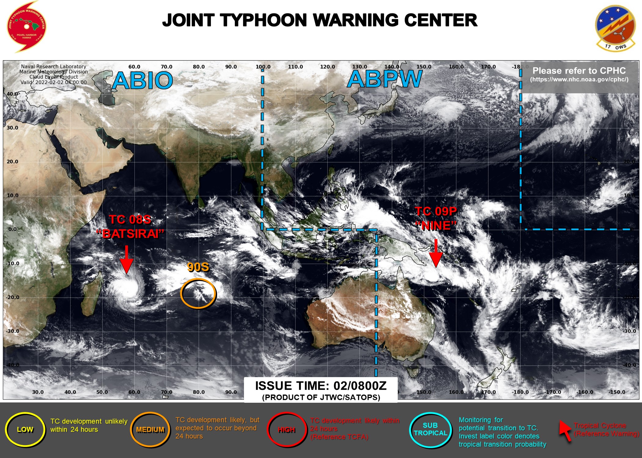 JTWC IS ISSUING 12HOURLY WARNINGS ON TC 08S(BATSIRAI) AND 6HOURLY WARNINGS ON TC 09P. 3HOURLY SATELLITE BULLETINS ARE ISSUED ON 08S, 09P AND INVEST 90S.