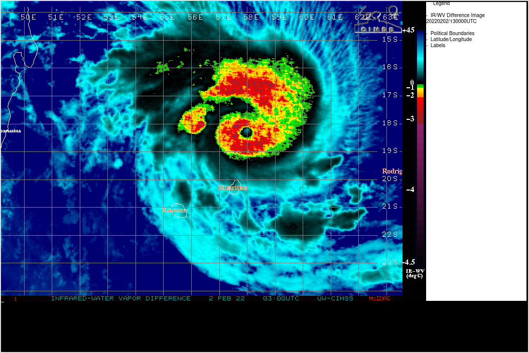 SATELLITE ANALYSIS, INITIAL POSITION AND INTENSITY DISCUSSION: ANIMATED RADAR IMAGERY FROM PORT LOUIS INDICATES AN EYEWALL REPLACEMENT CYCLE (ERC) IS UNDERWAY AS INDICATED IN THE UW-CIMSS M-PERC PRODUCT. RADAR IMAGERY CURRENTLY SHOWS THAT THE SMALL INNER EYEWALL IS ERODING AS THE OUTER EYEWALL STRENGTHENS. ANIMATED ENHANCED INFRARED (EIR) SATELLITE IMAGERY INDICATES WARMING CLOUD TOPS AND WEAKENING SPIRAL BANDING. ALTHOUGH DVORAK ESTIMATES REMAIN STEADY AT T6.5 (127 KNOTS) AT 021200Z, THE SYSTEM APPEARED TO PEAK NEAR 020600-020630Z WITH UNOFFICIAL DVORAK ESTIMATES ALMOST REACHING T7.0 (140 KNOTS). HOWEVER, TC 08S IS CLEARLY WEAKENING SINCE THAT TIME DUE TO THE ONGOING ERC WITH THE 021245Z UNOFFICIAL DVORAK ESTIMATE AT T6.0 (115 KNOTS). ADT ESTIMATES PEAKED EARLIER AT 122 KNOTS (6.3) AND HAVE MAINTAINED THIS LEVEL THROUGH 021245Z. THE INITIAL INTENSITY FOR 021200Z IS ASSESSED AT 125 KNOTS/CAT 4 US BASED ON THE DVORAK ESTIMATES OF T6.5 FROM BOTH PGTW AND FMEE AS WELL AS THE CIMSS ADT ESTIMATE. THE INITIAL POSITION IS PLACED WITH HIGH CONFIDENCE BASED ON EIR, WHICH SHOWS A ROUND 15KM EYE.