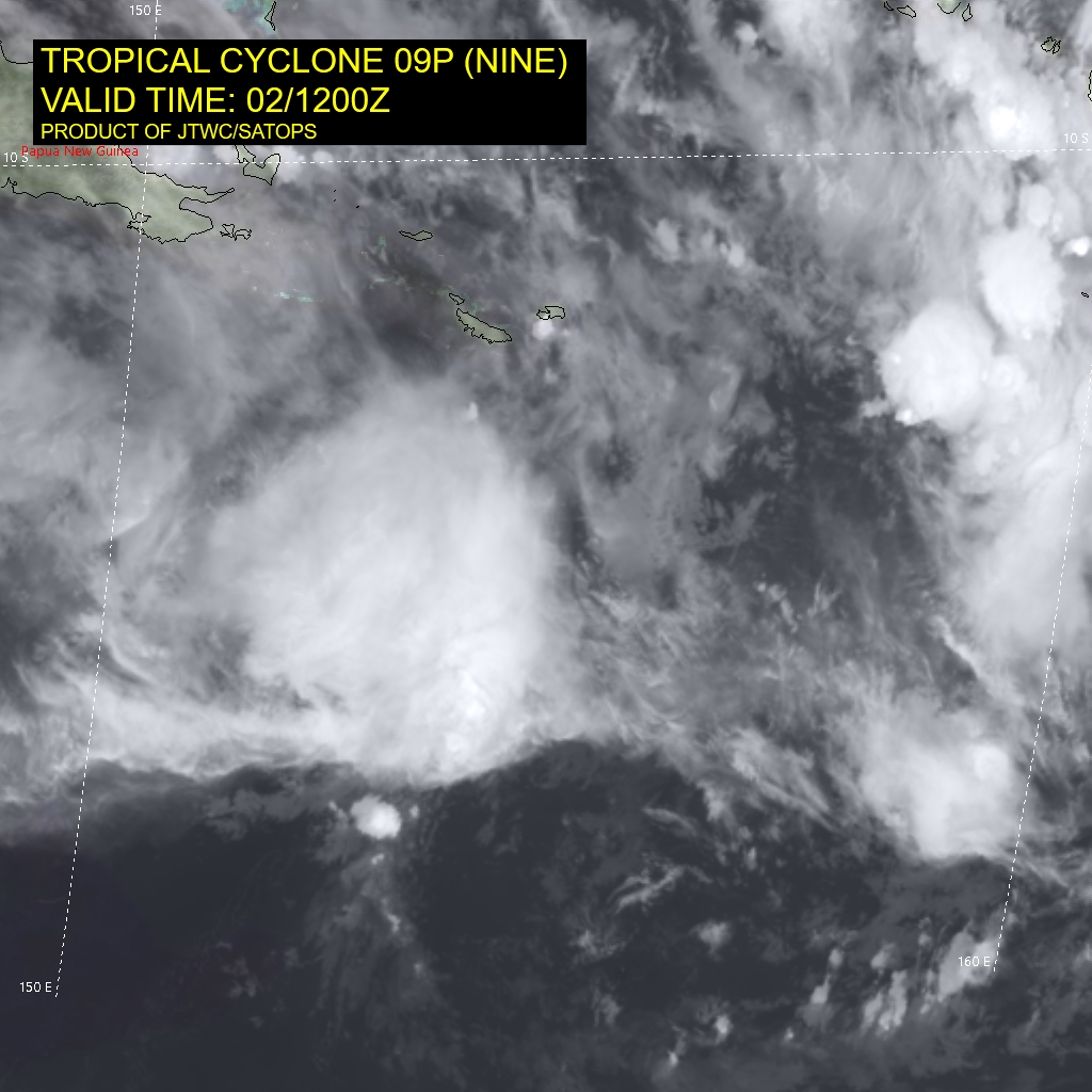 SATELLITE ANALYSIS, INITIAL POSITION AND INTENSITY DISCUSSION: ANIMATED ENHANCED INFRARED SATELLITE IMAGERY DEPICTS A WEAK, POORLY-DISORGANIZED LOW-LEVEL CIRCULATION (LLC) WITH FLARING DEEP CONVECTION OVER THE NORTHWEST PERIPHERY. A 021240Z GMI 89GHZ COLOR COMPOSITE IMAGE ALSO INDICATES A WEAKLY-DEFINED LLC WITH ISOLATED DEEP CONVECTION DISPLACED NORTHWEST. A FORTUITOUS 020851Z SCATTEROMETER IMAGE REVEALS A DEFINED CIRCULATION WITH 10-15 KNOT WINDS OVER THE SOUTHER N SEMICIRCLE AND A SWATH OF 25 KNOT WINDS OVER THE NORTHERN SEMICIRCLE. DUE TO THE LACK OF ASCAT IMAGERY AND HIGH-RESOLUTION MICROWAVE IMAGERY, THERE IS LOW CONFIDENCE IN THE INITIAL POSITION. THE INITIAL INTENSITY IS ASSESSED AT 25 KNOTS BASED ON THE KNES DVORAK ESTIMATE AND THE SCATTEROMETER DATA. TC 09P IS LOCATED UNDER AN UPPER-LEVEL COL REGION WITH COMPLEX FLOW; DEEP CONVECTION IS FLARING UNDER THE DIVERGENT REGION OF THE COL WHILE THE LLC IS LOCATED UNDER THE CONVERGENT REGION. POLEWARD OUTFLOW IS RESTRICTED DUE TO THE PRESENCE OF AN UPPER-LEVEL LOW AND TROUGH TO THE SOUTH AND SOUTHEAST. ADDITIONALLY, THERE IS  SIGNIFICANT DRY AIR PRESENT OVER THE SOUTHERN PERIPHERY OF THE  SYSTEM WITH MID-LEVEL DRY AIR ENTRAINMENT. SEA SURFACE TEMPERATURES  (28-29C) AND VERTICAL WIND SHEAR REMAIN CONDUCIVE.