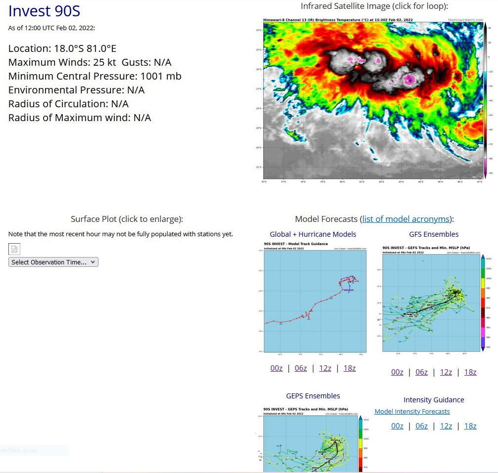 AN AREA OF CONVECTION (INVEST 90S) HAS PERSISTED NEAR  18.6S 80.4E, APPROXIMATELY 1510KM SOUTHEAST OF DIEGO GARCIA. ANIMATED  MULTISPECTRAL SATELLITE IMAGERY AND A 020343Z MHS 89GHZ IMAGE SHOW A  BROAD LOW LEVEL CIRCULATION (LLC) WITH PERSISTENT DEEP CONVECTION IN  THE NORTHERN AND EASTERN SECTORS. A PARTIAL 020346Z ASCAT-B PASS  REVEALS 20-25KT WINDS IN THE SOUTHERN PERIPHERY. ENVIRONMENTAL  ANALYSIS INDICATES THAT THE INVEST IS IN A GENERALLY FAVORABLE AREA  OF DEVELOPMENT DEFINED BY LOW (5-10KTS) VERTICAL WIND SHEAR, WARM  (28-29C) SEA SURFACE TEMPERATURES, AND FAIR EQUATORWARD OUTFLOW.  GLOBAL MODELS ARE IN AGREEMENT THAT INVEST 90S WILL SLOWLY DRIFT  EQUATORWARD OVER THE NEXT 24-48 HOURS WITH GRADUAL INTENSIFICATION.  MAXIMUM SUSTAINED SURFACE WINDS ARE ESTIMATED AT 20 TO 25 KNOTS.  MINIMUM SEA LEVEL PRESSURE IS ESTIMATED TO BE NEAR 1002 MB. THE  POTENTIAL FOR THE DEVELOPMENT OF A SIGNIFICANT TROPICAL CYCLONE  WITHIN THE NEXT 24 HOURS IS MEDIUM.