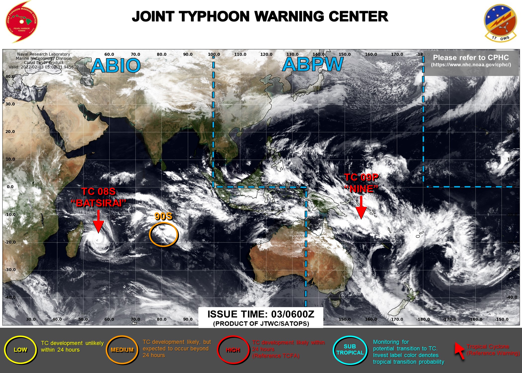 JTWC IS ISSUING 12HOURLY WARNINGS ON TC 08S(BATSIRAI) AND 6HOURLY WARNINGS ON TC 09P. 3HOURLY SATELLITE BULLETINS ARE ISSUED ON 08S, 09P AND INVEST 90S.