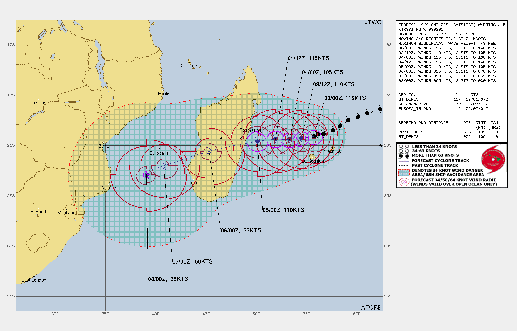 FORECAST REASONING.  SIGNIFICANT FORECAST CHANGES: THERE ARE NO SIGNIFICANT CHANGES TO THE FORECAST FROM THE PREVIOUS WARNING.  FORECAST DISCUSSION: TC 08S WILL TRACK GENERALLY WEST-SOUTHWESTWARD UNDER THE INFLUENCE OF THE SUBTROPICAL RIDGE TO THE SOUTH FOR THE ENTIRETY OF THE FORECAST. TC 08S IS FORECAST WEAKEN SLIGHTLY TO AROUND 105 KNOTS/CAT 3 US DUE TO THE EYE WALL REPLACEMENT CYCLE (ERC). AFTER THE COMPLETION OF ERC AROUND 24H, THE SYSTEM SHOULD REINTENSIFY TO ABOUT 115 KNOTS/CAT 4 US AT 36H. AFTER 48H, THE SYSTEM WILL RAPIDLY WEAKEN AS IT CROSSES OVER THE MOUNTAINOUS TERRAIN OF MADAGASCAR. THE SYSTEM IS EXPECTED TO REINTENSIFY OVER THE MOZAMBIQUE CHANNEL AND REACH AN INTENSITY OF 65 KTS/CAT 1 US BY 120H.