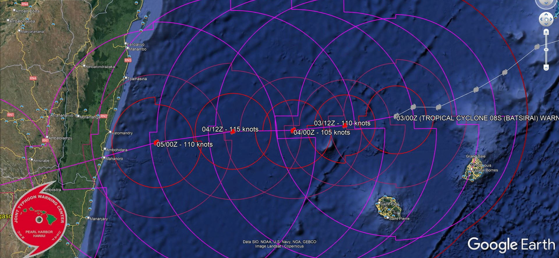 TC 08S(BATSIRAI): CAT 4 US tracking apprx 200km North of Réunion island// TC 09P, Invest 90S updates, 03/03utc