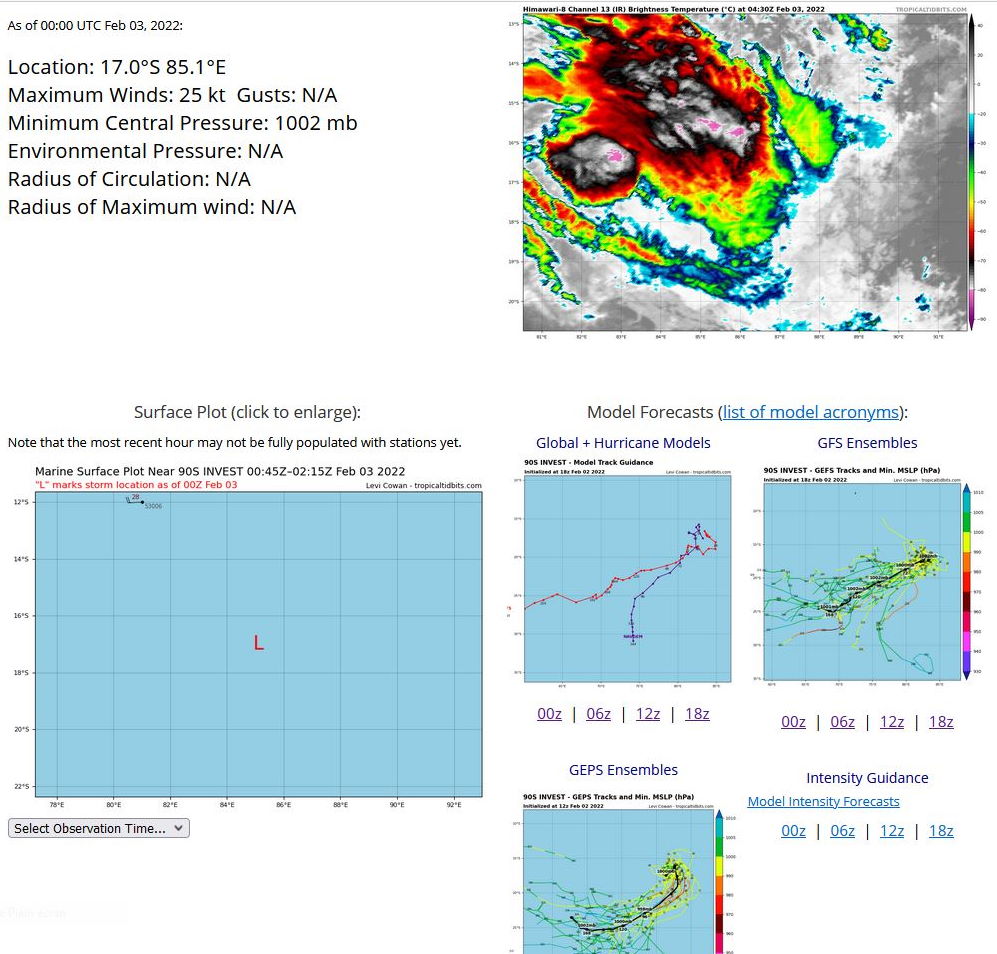 THE AREA OF CONVECTION (INVEST 90S) PREVIOUSLY LOCATED  NEAR 18.6S 80.4E IS NOW LOCATED NEAR 18.0S 81.0E, APPROXIMATELY 1490  KM SOUTHEAST OF DIEGO GARCIA. ANIMATED ENHANCED INFRARED SATELLITE  IMAGERY DEPICTS DEEP CONVECTION OBSCURING A LOW LEVEL CIRCULATION.  ENVIRONMENTAL ANALYSIS REVEALS GENERALLY FAVORABLE CONDITIONS FOR  DEVELOPMENT DEFINED BY; FAIR OUTFLOW ALOFT, LOW TO MODERATE (15- 20KT) VERTICAL WIND SHEAR, AND WARM (28-29C) SEA SURFACE  TEMPERATURES. GLOBAL MODELS ARE IN GOOD AGREEMENT THAT INVEST 90S  WILL GRADUALLY INTENSIFY AS IT TRACKS EQUATORWARD OVER THE NEXT 24- 48 HOURS.  MAXIMUM SUSTAINED SURFACE WINDS ARE ESTIMATED AT 20 TO 25  KNOTS. MINIMUM SEA LEVEL PRESSURE IS ESTIMATED TO BE NEAR 1001 MB.  THE POTENTIAL FOR THE DEVELOPMENT OF A SIGNIFICANT TROPICAL CYCLONE  WITHIN THE NEXT 24 HOURS REMAINS MEDIUM.