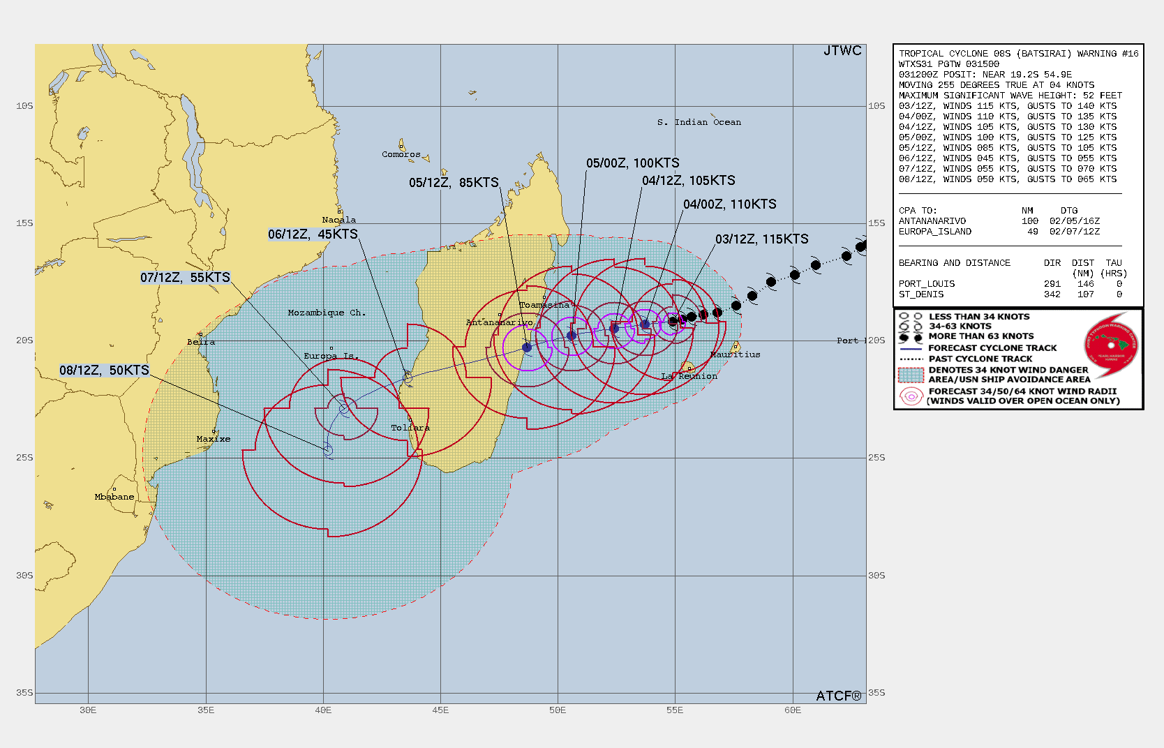 FORECAST REASONING.  SIGNIFICANT FORECAST CHANGES: THERE ARE NO SIGNIFICANT CHANGES TO THE FORECAST FROM THE PREVIOUS WARNING.  FORECAST DISCUSSION: TC BATSIRAI WILL CONTINUE ON ITS CURRENT TRACK UNDER THE STEERING INFLUENCE OF THE SUBTROPICAL RIDGE (STR), MAKING LANDFALL OVER CENTRAL MADAGASCAR AROUND 48H, CROSS THE ISLAND, AND EXIT INTO THE MOZAMBIQUE CHANNEL JUST AFTER 72H. AFTERWARD, IT WILL ROUND THE WESTERN EDGE OF THE STR AND TRACK SOUTHWARD. THE MARGINALLY UNFAVORABLE ENVIRONMENT WILL SLOWLY ERODE THE SYSTEM DOWN TO 85KTS BY 48H. AFTERWARD, LAND INTERACTION WILL RAPIDLY ERODE IT DOWN TO 45KTS AS IT EXITS INTO THE MOZAMBIQUE CHANNEL. THE WARM SST IN THE CHANNEL WILL FUEL A MODEST INTENSIFICATION TO 55KTS BY 96H; AFTERWARD, INCREASING VWS WILL WEAKEN IT TO 50KTS BY 120H.