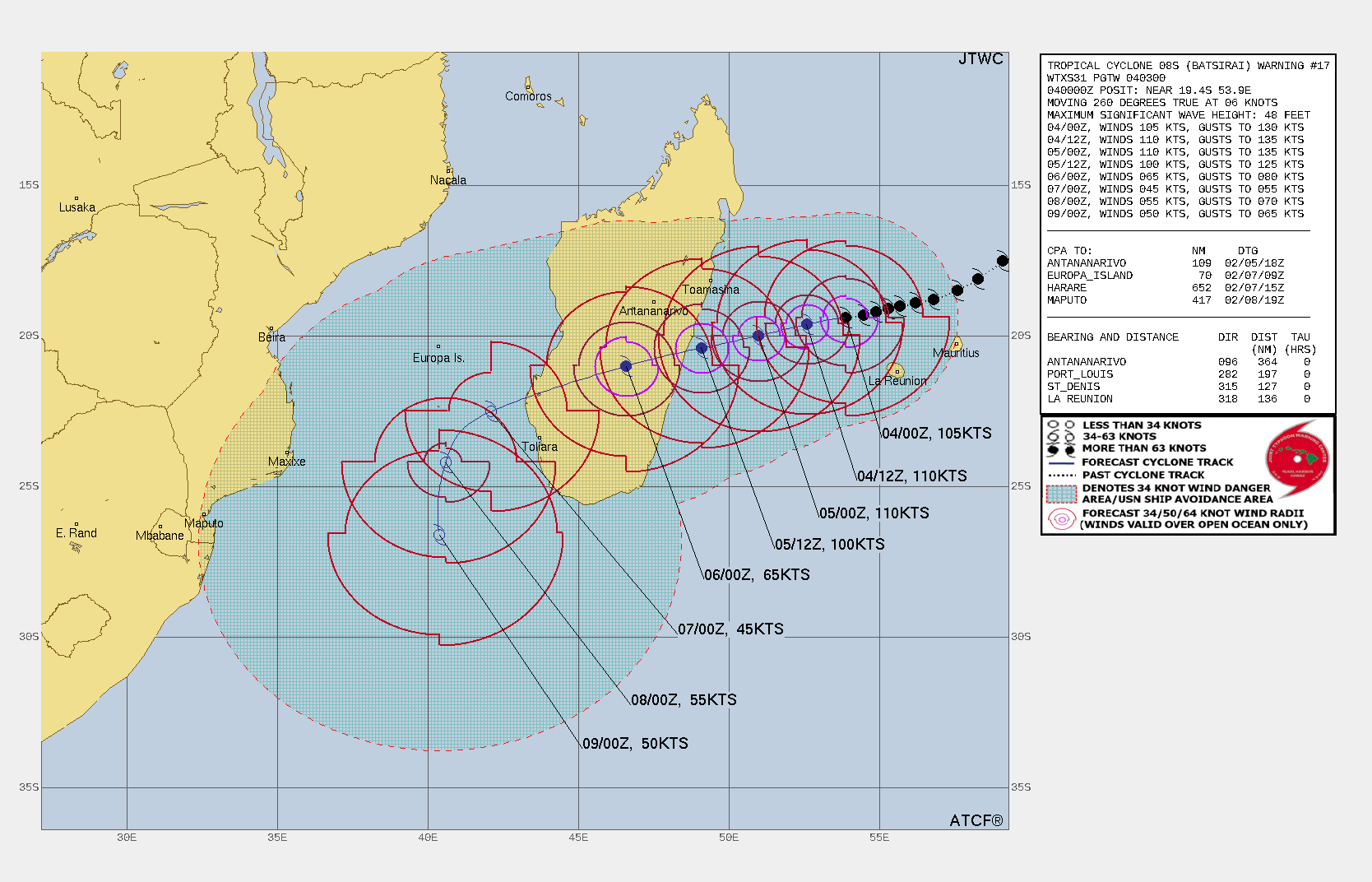 FORECAST REASONING.  SIGNIFICANT FORECAST CHANGES: THERE ARE NO SIGNIFICANT CHANGES TO THE FORECAST FROM THE PREVIOUS WARNING.  FORECAST DISCUSSION: TC 08S WILL CONTINUE TO TRACK WEST-SOUTHWEST UNDER THE INFLUENCE OF THE SUBTROPICAL RIDGE AND THE CENTER OF THE CIRCULATION WILL MAKE LANDFALL OVER CENTRAL MADAGASCAR SHORTLY AFTER 36H. THE SYSTEM WILL CONTINUE TO TRACK WEST-SOUTHWEST ACROSS THE ISLAND AND ENTER THE MOZAMBIQUE CHANNEL JUST BEFORE  72H. AFTERWARD, IT WILL ROUND THE WESTERN EDGE OF THE SUBTROPICAL RIDGE AND BEGIN TO TRACK SOUTHWARD. TC 08S IS EXPECTED TO SLIGHTLY INTENSIFY TO 110 KTS/CAT 3 US AROUND 12H AS THE EYEWALL CONTINUES TO CONSTRICT AND THEN DECREASE TO 100 KTS/CAT 3 US AT 36H AS THE WESTERN PORTION OF THE WIND FIELD BEGINS TO INTERACT WITH LAND. THE SYSTEM WILL DECREASE TO 45 KTS AS IT CROSSES OVER LAND AND THEN REINTENSIFY IN THE MOZAMBIQUE CHANNEL, REACHING 55 KTS BY 96H.