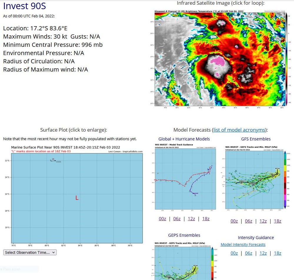 THE AREA OF CONVECTION (INVEST 90S) PREVIOUSLY LOCATED  NEAR 16.5S 83.6E IS NOW LOCATED NEAR 17.2S 83.6E, APPROXIMATELY 1615  KM SOUTHEAST OF DIEGO GARCIA. ANIMATED ENHANCED INFRARED SATELLITE  IMAGERY DEPICTS DEEP FLARING CONVECTION PARTIALLY OBSCURING AN  ELONGATED LOW LEVEL CIRCULATION (LLC). RECENT SCATTEROMETRY DATA  REVEALS WINDS OF UP TO 30 KNOTS OFFSET TO THE SOUTH OF THE LLC.  ENVIRONMENTAL ANALYSIS INDICATES FAVORABLE CONDITIONS FOR  DEVELOPMENT DEFINED BY; ROBUST OUTFLOW ALOFT, LOW TO MODERATE (15- 20KT) VERTICAL WIND SHEAR, AND WARM (28-29C) SEA SURFACE  TEMPERATURES. GLOBAL MODELS ARE IN AGREEMENT THAT INVEST 90S WILL  CONTINUE TO INTENSIFY AS IT TRACKS EQUATORWARD BEFORE TURNING TO A  MORE WEST-SOUTHWESTWARD TRACK AROUND 36H. MAXIMUM SUSTAINED  SURFACE WINDS ARE ESTIMATED AT 25 TO 30 KNOTS. MINIMUM SEA LEVEL  PRESSURE IS ESTIMATED TO BE NEAR 1000 MB. THE POTENTIAL FOR THE  DEVELOPMENT OF A SIGNIFICANT TROPICAL CYCLONE WITHIN THE NEXT 24  HOURS IS UPGRADED TO HIGH.