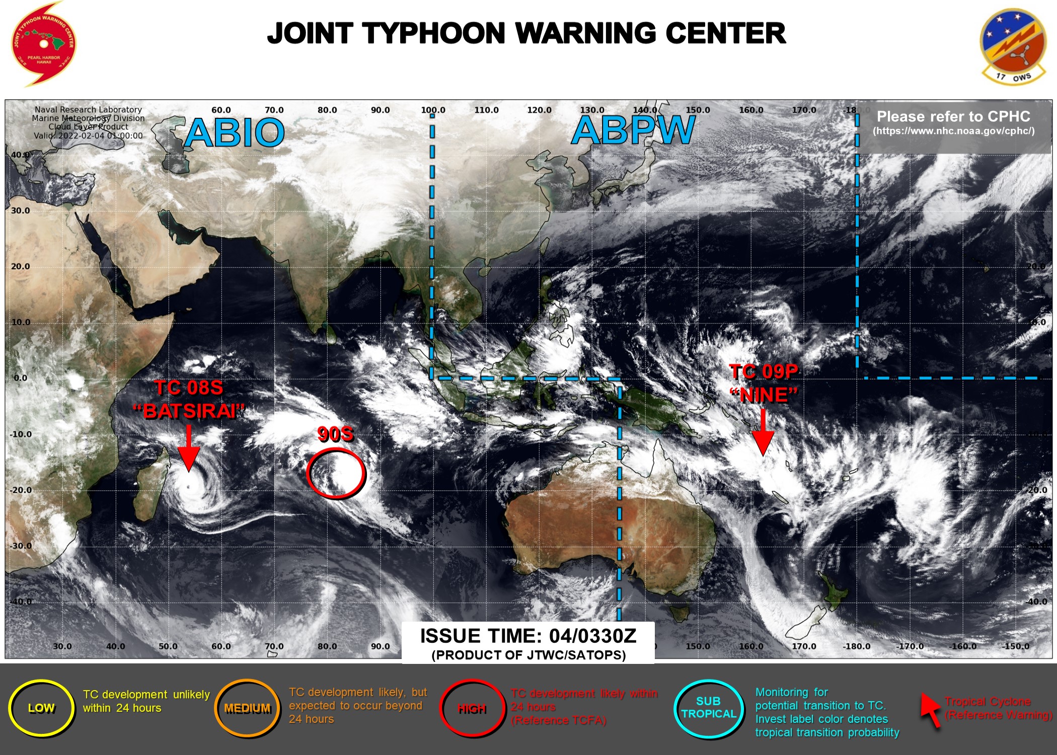 JTWC IS ISSUING 12HOURLY WARNINGS ON TC 08S(BATSIRAI). 3HOURLY SATELLITE BULLETINS ARE ISSUED ON TC 08S, INVEST 90S AND TC 09P.