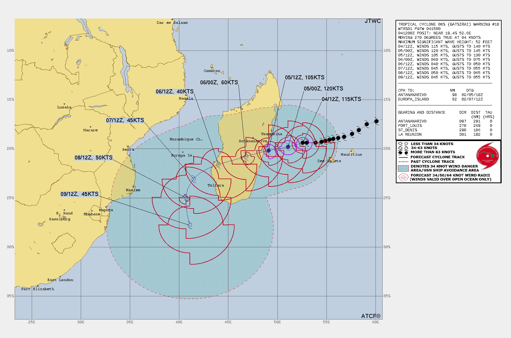 FORECAST REASONING.  SIGNIFICANT FORECAST CHANGES: THERE ARE NO SIGNIFICANT CHANGES TO THE FORECAST FROM THE PREVIOUS WARNING.  FORECAST DISCUSSION: TC BATSIRAI WILL CONTINUE ON ITS CURRENT TRACK UNDER THE STEERING INFLUENCE OF THE STR, MAKING LANDFALL OVER CENTRAL MADAGASCAR JUST AFTER 24H, CROSS THE ISLAND, AND EXIT INTO THE MOZAMBIQUE CHANNEL SHORTLY AFTER 48H. AFTERWARD, IT WILL ROUND THE WESTERN EDGE OF THE SUBTROPICAL RIDGE (STR) AND TRACK SOUTHWARD. THE INITIAL FAVORABLE ENVIRONMENT WILL FUEL SLIGHT INTENSIFICATION TO  120KTS/CAT 4 US BY 12H; AFTERWARD, INTERACTION WITH MADAGASCAR WILL SLOWLY  THEN RAPIDLY ERODE THE SYSTEM DOWN TO 40KTS PRIOR TO ITS EXIT INTO  THE CHANNEL. THE WARM SST IN THE CHANNEL WILL RE-INTENSIFY TC 08S TO  50KTS BY 96H. AFTERWARD, REDUCED UPPER LEVEL OUTFLOW AND  DECREASING SST WILL BEGIN TO WEAKEN IT, DOWN TO 45KTS BY 120H.