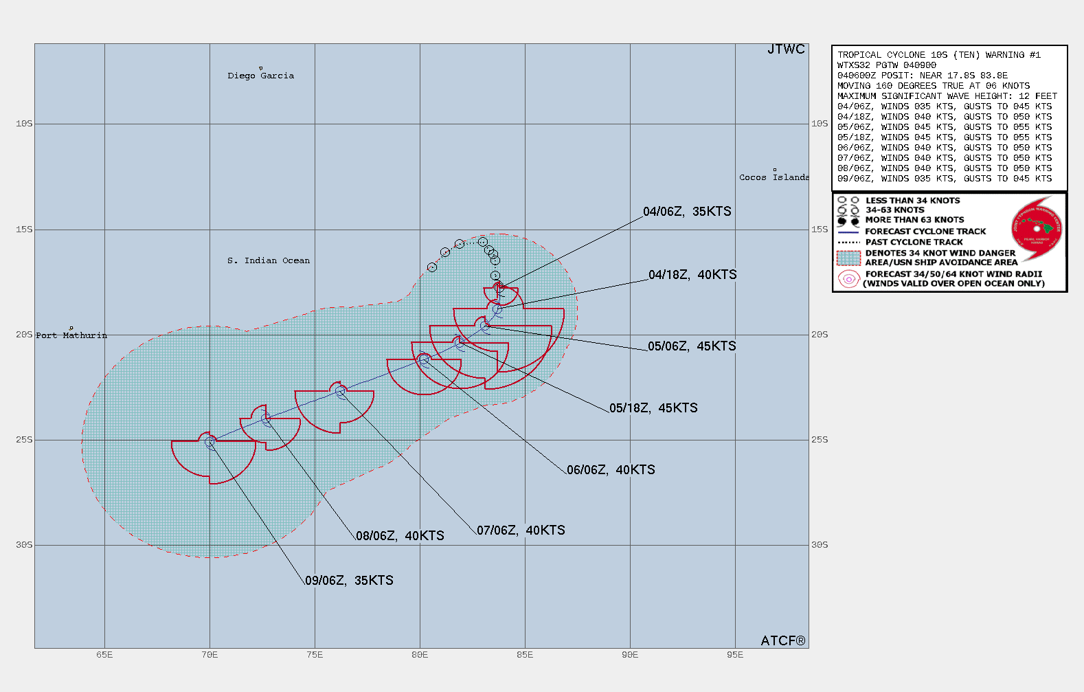 FORECAST REASONING.  SIGNIFICANT FORECAST CHANGES: THIS INITIAL PROGNOSTIC REASONING MESSAGE ESTABLISHES THE FORECAST PHILOSOPHY.  FORECAST DISCUSSION: TC 10S WILL TRACK MORE SOUTHWESTWARD UNDER THE STEERING INFLUENCE OF THE SUBTROPICAL RIDGE (STR) FOR THE DURATION OF THE FORECAST. THE MARGINAL ENVIRONMENT WILL FUEL SLOW INTENSIFICATION TO 45KTS AT 24/36H. AFTERWARD, INCREASING VWS WILL REDUCE IT TO 40KTS AND HINDER ANY FURTHER INTENSIFICATION UP TO 96H. AFTER 96H, THE ADDITION OF COOLING SST (26C) WILL BEGIN TO DISSIPATE THE SYSTEM AND BY 120H, WILL BE REDUCED TO 35KTS.