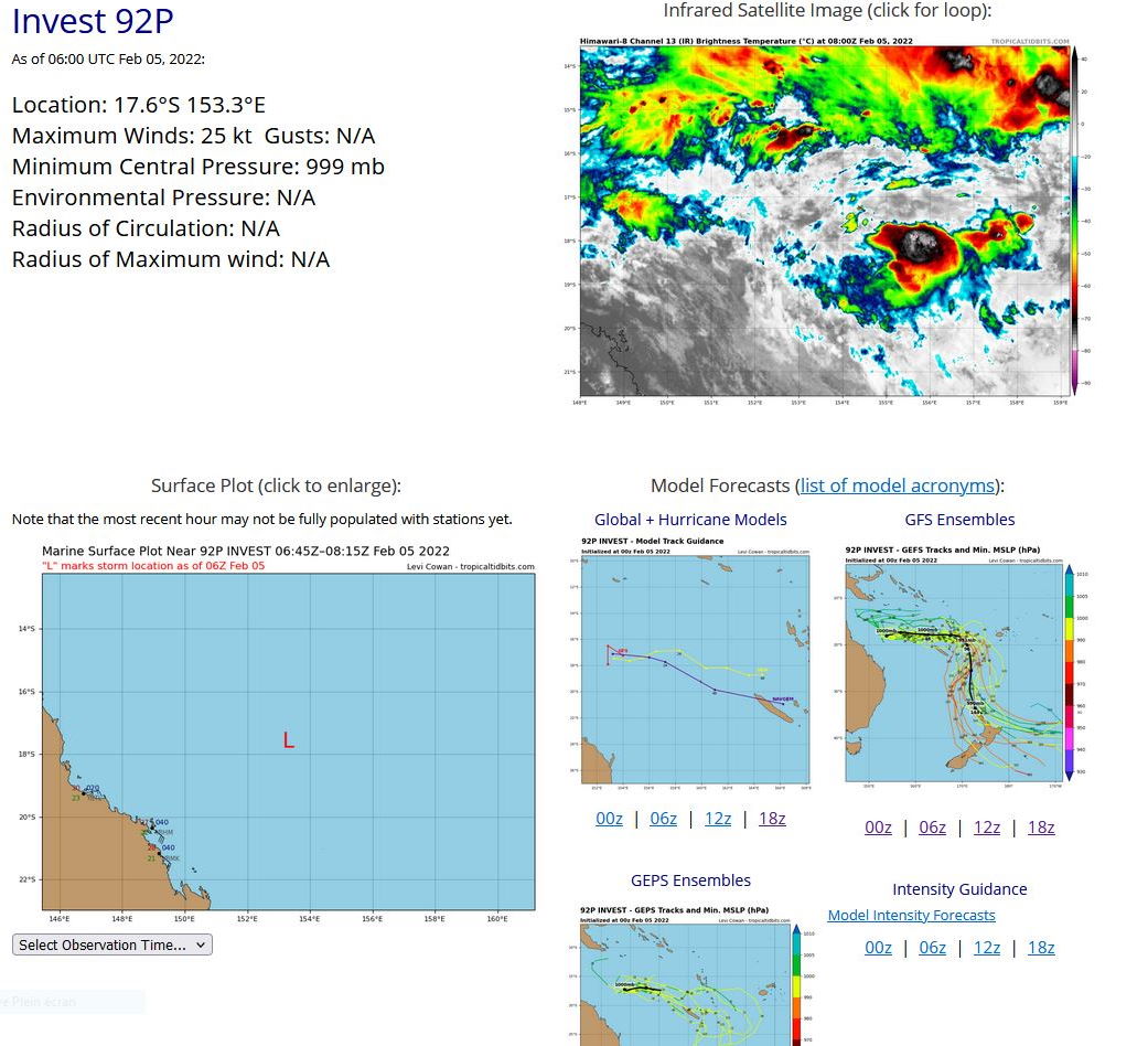 THE AREA OF CONVECTION (INVEST 92P) PREVIOUSLY LOCATED  NEAR 17.7S 152.1E IS NOW LOCATED NEAR 17.7S 153.2E, APPROXIMATELY  380 KM EAST-SOUTHEAST OF WILLIS ISLAND, AUSTRALIA. ANIMATED  MULTISPECTRAL SATELLITE IMAGERY DEPICTS AN ELONGATED, DISORGANIZED  DISTURBANCE EMBEDDED WITHIN A WEST-NORTHWEST TO EAST-SOUTHEAST  ORIENTED FRONTAL SYSTEM. A 050347Z AMSR2 36GHZ COLOR COMPOSITE  MICROWAVE IMAGE REVEALS NO DISCRETE LOW-LEVEL CIRCULATION WITH  HIGHLY DISORGANIZED SHALLOW BANDS OF CONVECTION ACROSS THE CORAL  SEA. THE DISTURBANCE IS LOCATED WITHIN A BROAD UPPER-LEVEL TROUGH  UNDER MODERATE WESTERLIES WITH BROAD DIFFLUENCE TO THE NORTH  ASSOCIATED WITH AN UPPER-LEVEL RIDGE. VERTICAL WIND SHEAR REMAINS  LOW TO MODERATE WITH WARM SEA SURFACE TEMPERATURES OF 29-30 DEGREES  CELSIUS. THE DISTURBANCE IS EXPECTED TO TRACK EAST-SOUTHEASTWARD  TOWARD VANUATU ALONG THIS FRONTAL BOUNDARY FOR THE NEXT TWO DAYS  WITHIN A MARGINALLY FAVORABLE ENVIRONMENT. AFTER TWO DAYS, NUMERICAL  MODELS GENERALLY AGREE THAT SOME DEVELOPMENT WILL OCCUR AS THE  DISTURBANCE TRACKS UNDER A MORE FAVORABLE UPPER-LEVEL ENVIRONMENT.  THIS ZONE WILL BE MONITORED CLOSELY, AS A COMPLEX ENVIRONMENT COULD  LEAD TO MULTIPLE CIRCULATIONS FORMING IN CLOSE PROXIMITY WITHIN THE  SOUTH PACIFIC CONVERGENCE ZONE IN THE GENERAL VICINITY OF NEW  CALEDONIA, VANUATU, FIJI, AND TONGA DURING THE NEXT SEVERAL DAYS.  MAXIMUM SUSTAINED SURFACE WINDS ARE ESTIMATED AT 20 TO 25 KNOTS.  MINIMUM SEA LEVEL PRESSURE IS ESTIMATED TO BE NEAR 999 MB. THE  POTENTIAL FOR THE DEVELOPMENT OF A SIGNIFICANT TROPICAL CYCLONE  WITHIN THE NEXT 24 HOURS REMAINS LOW.
