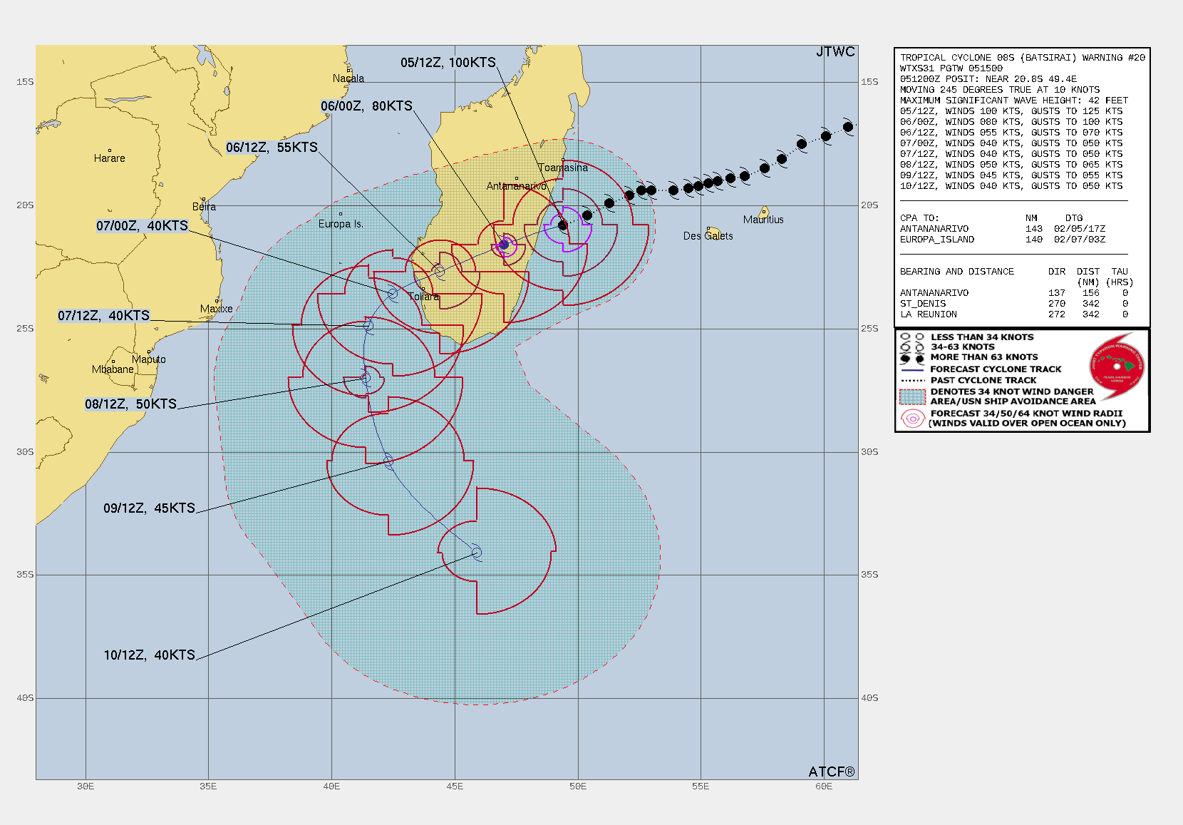 FORECAST REASONING.  SIGNIFICANT FORECAST CHANGES: THERE ARE NO SIGNIFICANT CHANGES TO THE FORECAST FROM THE PREVIOUS WARNING.  FORECAST DISCUSSION: TC 08S IS FORECAST TO MAKE LANDFALL WITHIN THE NEXT SIX HOURS AND WILL RAPIDLY WEAKEN AS IT TRACKS ACROSS THE MOUNTAINOUS TERRAIN OF MADAGASCAR. TC 08S WILL REEMERGE OVER THE MOZAMBIQUE CHANNEL NEAR 30H BUT WILL ENCOUNTER MARGINALLY FAVORABLE CONDITIONS WITH INCREASING NORTHERLY VERTICAL WIND SHEAR AND DRY AIR ENTRAINMENT OFFSET BY FAVORABLE POLEWARD OUTFLOW AND WARM SEA SURFACE TEMPERATURES. THE SYSTEM WILL SLOWLY INTENSIFY TO 50 KNOTS AT 72H. NEAR 96H, TC 08S IS FORECAST TO RECURVE ALONG THE WESTERN PERIPHERY OF THE STR BUT WILL GRADUALLY TRANSITION TO A SUBTROPICAL LOW AND WEAKEN AS IT TRACKS OVER COOL  SST (23-25C) AND ENCOUNTERS STRONG VERTICAL WIND SHEAR (30-40 KNOTS)  ASSOCIATED WITH STRONG UPPER-LEVEL WESTERLIES.