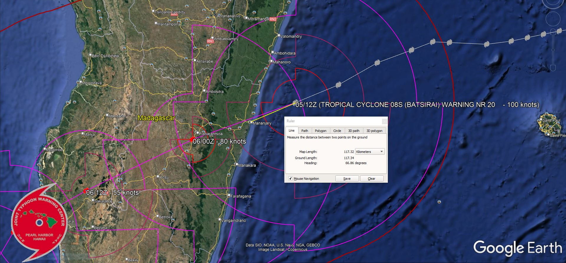 Intense TC 08S(BATSIRAI): CAT 3 US making landfall near Mananjary/Madagascar//TC 10S(CLIFF): weakening, 05/15utc