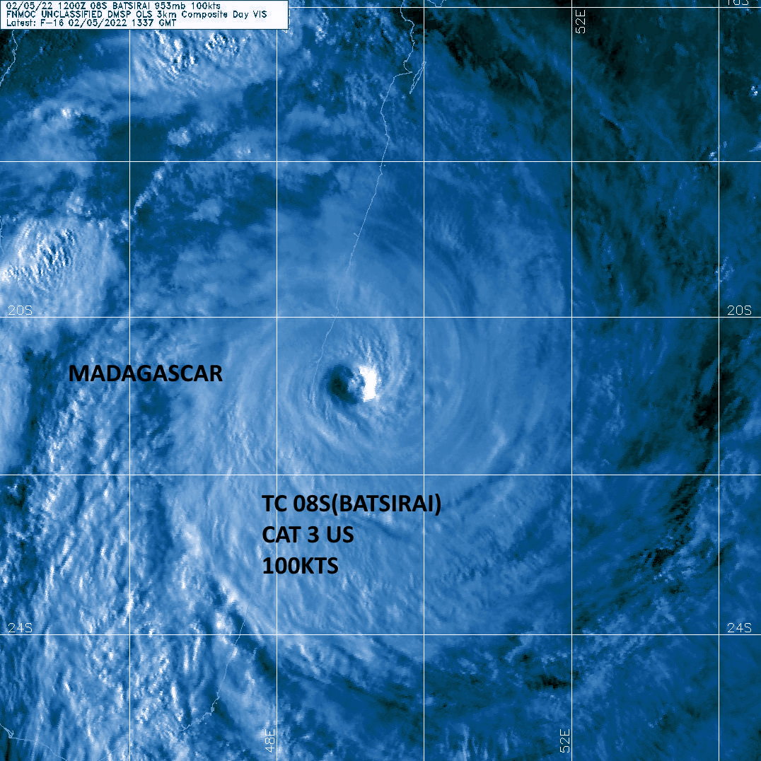 Intense TC 08S(BATSIRAI): CAT 3 US making landfall near Mananjary/Madagascar//TC 10S(CLIFF): weakening, 05/15utc