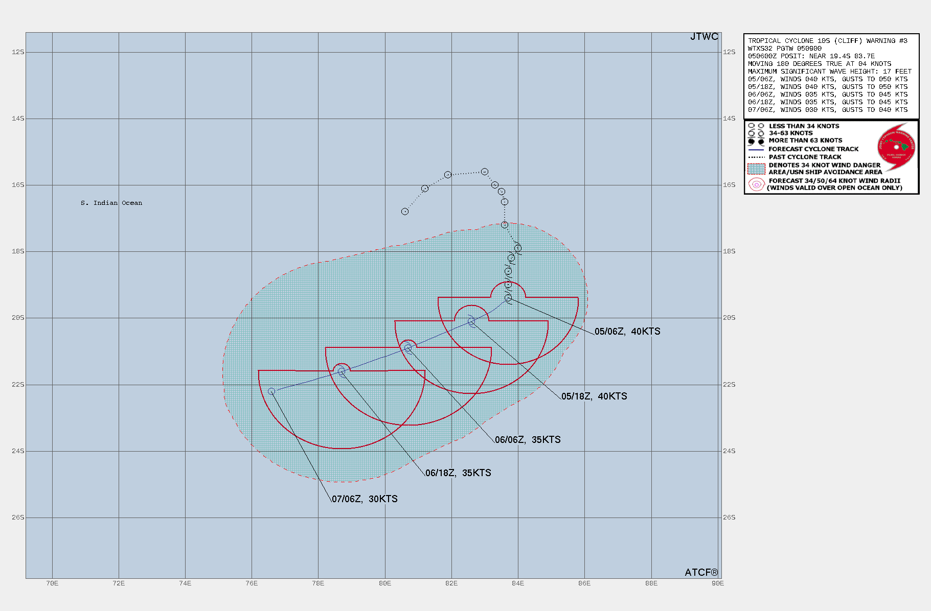 FORECAST REASONING.  SIGNIFICANT FORECAST CHANGES: THERE ARE NO SIGNIFICANT CHANGES TO THE FORECAST FROM THE PREVIOUS WARNING.  FORECAST DISCUSSION: TC 10S (CLIFF) IS FORECAST TO TURN SHARPLY WEST-SOUTHWESTWARD AS IT TRANSITIONS TO THE STEERING INFLUENCE OF THE SUBTROPICAL RIDGE (STR) TO THE SOUTH. ALTHOUGH THE STR WILL REORIENT WITH THE APPROACH OF A MIDLATITUDE TROUGH, THE SYSTEM WILL CONTINUE MOVING GENERALLY WEST-SOUTHWESTWARD THROUGH THE FORECAST PERIOD. DUE TO THE SIGNIFICANT DRY AIR ENTRAINMENT IN THE MID-LEVELS AND INCREASING VERTICAL WIND SHEAR (VWS), TC 10S WILL CONTINUE TO DECAY AND IS FORECAST TO DISSIPATE BY 48H.