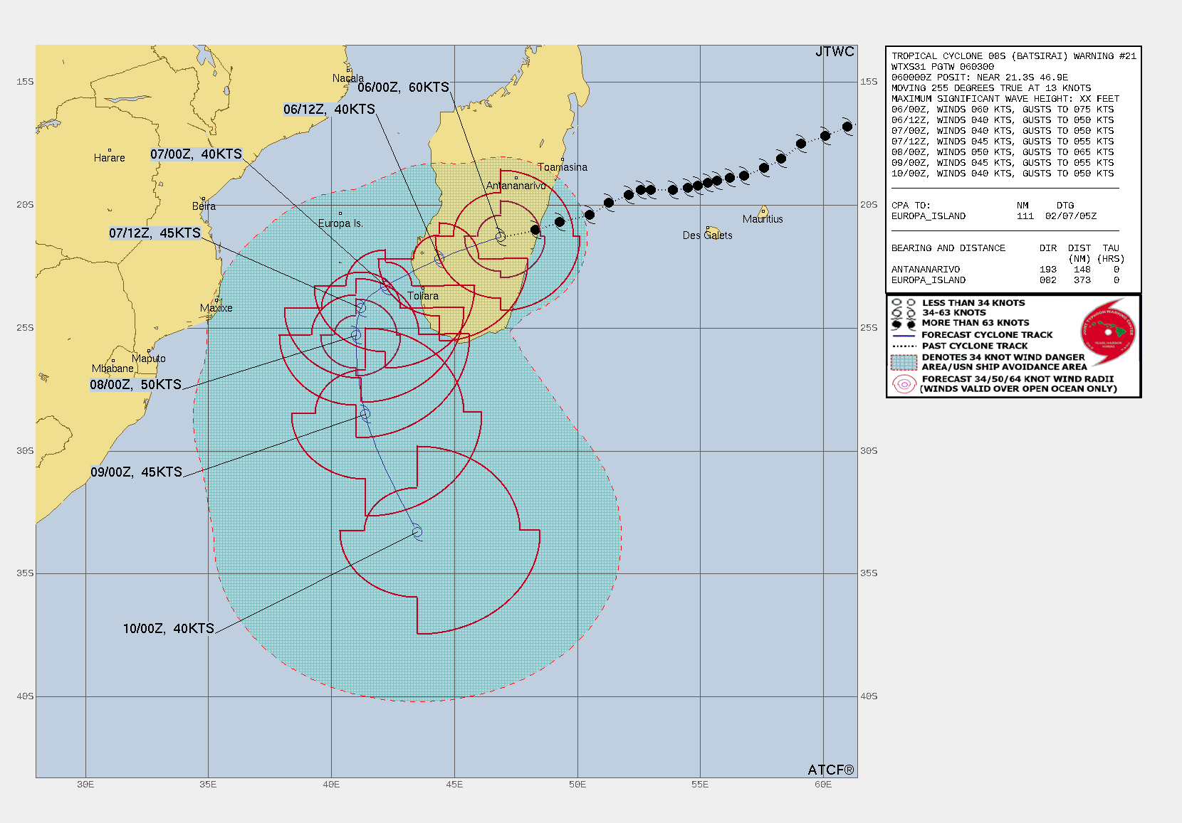 FORECAST REASONING.  SIGNIFICANT FORECAST CHANGES: THERE ARE NO SIGNIFICANT CHANGES TO THE FORECAST FROM THE PREVIOUS WARNING.  FORECAST DISCUSSION: TC 08S IS BEING STEERED TO THE WEST-SOUTHWEST ALONG THE NORTHWESTERN PERIPHERY OF A DEEP SUBTROPICAL (STR) TO THE SOUTH, AT A SPEED OF ROUGHLY 22 KM/H. SOME ADDITIONAL SLOWING CAN BE EXPECTED IN THE NEAR-TERM, BUT ONCE THE SYSTEM CROSSES THE RIDGE OF THE MOUNTAIN RANGE, IT WILL LIKELY PICK UP SPEED AS IT TRACKS TOWARDS THE WEST COAST OF MADAGASCAR. AS THE SYSTEM CROSSES THE ISLAND, LOW LEVEL FLOW DISRUPTION AND FRICTIONAL EFFECTS WILL LEAD TO CONTINUED WEAKENING. TC 08S IS EXPECTED TO REEMERGE INTO THE MOZAMBIQUE CHANNEL WITHIN THE NEXT 18-24 HOURS AT A GREATLY REDUCED INTENSITY OF NEAR 40 KNOTS. THE SYSTEM IS EXPECTED TO REACH THE AXIS OF THE STEERING RIDGE BY 36H AND SLOW DOWN UNDER A WEAKENED STEERING FLOW, THEN ACCELERATE POLEWARD AFTER 48H AS IT ROUNDS THE RIDGE AXIS. CONDITIONS WILL BE MARGINALLY FAVORABLE AS THE SYSTEM MOVES INTO THE CHANNEL, WITH WARM (27-28C) WATERS AND ENHANCED POLEWARD OUTFLOW OFFSETTING MODERATE SHEAR FOR ABOUT 24 HOURS, ALLOWING FOR AN INTENSIFICATION TO 50 KNOTS. INCREASING SHEAR AND DRY AIR WILL BEGIN TO OVERWHELM TO EFFECT OF THE ENHANCED OUTFLOW AFTER 48H, LEADING TO A STEADY WEAKENING TREND THROUGH THE REMAINDER OF THE FORECAST PERIOD. TC 08S WILL BEGIN SUBTROPICAL TRANSITION BY 72H AS IT CROSSES THE 26C ISOTHERM AND BEGINS TO MOVE UNDER A MID-LEVEL LOW. SUBTROPICAL TRANSITION IS EXPECTED BY 96H AS SSTS DROP BELOW 24C AND THE SYSTEM BECOMES EMBEDDED IN THE UPPER-LEVEL WESTERLY FLOW. FORECAST REASONING.  SIGNIFICANT FORECAST CHANGES: THERE ARE NO SIGNIFICANT CHANGES TO THE FORECAST FROM THE PREVIOUS WARNING.  FORECAST DISCUSSION: TC 08S IS BEING STEERED TO THE WEST-SOUTHWEST ALONG THE NORTHWESTERN PERIPHERY OF A DEEP SUBTROPICAL (STR) TO THE SOUTH, AT A SPEED OF ROUGHLY 22 KM/H. SOME ADDITIONAL SLOWING CAN BE EXPECTED IN THE NEAR-TERM, BUT ONCE THE SYSTEM CROSSES THE RIDGE OF THE MOUNTAIN RANGE, IT WILL LIKELY PICK UP SPEED AS IT TRACKS TOWARDS THE WEST COAST OF MADAGASCAR. AS THE SYSTEM CROSSES THE ISLAND, LOW LEVEL FLOW DISRUPTION AND FRICTIONAL EFFECTS WILL LEAD TO CONTINUED WEAKENING. TC 08S IS EXPECTED TO REEMERGE INTO THE MOZAMBIQUE CHANNEL WITHIN THE NEXT 18-24 HOURS AT A GREATLY REDUCED INTENSITY OF NEAR 40 KNOTS. THE SYSTEM IS EXPECTED TO REACH THE AXIS OF THE STEERING RIDGE BY 36H AND SLOW DOWN UNDER A WEAKENED STEERING FLOW, THEN ACCELERATE POLEWARD AFTER 48H AS IT ROUNDS THE RIDGE AXIS. CONDITIONS WILL BE MARGINALLY FAVORABLE AS THE SYSTEM MOVES INTO THE CHANNEL, WITH WARM (27-28C) WATERS AND ENHANCED POLEWARD OUTFLOW OFFSETTING MODERATE SHEAR FOR ABOUT 24 HOURS, ALLOWING FOR AN INTENSIFICATION TO 50 KNOTS. INCREASING SHEAR AND DRY AIR WILL BEGIN TO OVERWHELM TO EFFECT OF THE ENHANCED OUTFLOW AFTER 48H, LEADING TO A STEADY WEAKENING TREND THROUGH THE REMAINDER OF THE FORECAST PERIOD. TC 08S WILL BEGIN SUBTROPICAL TRANSITION BY 72H AS IT CROSSES THE 26C ISOTHERM AND BEGINS TO MOVE UNDER A MID-LEVEL LOW. SUBTROPICAL TRANSITION IS EXPECTED BY 96H AS SSTS DROP BELOW 24C AND THE SYSTEM BECOMES EMBEDDED IN THE UPPER-LEVEL WESTERLY FLOW.